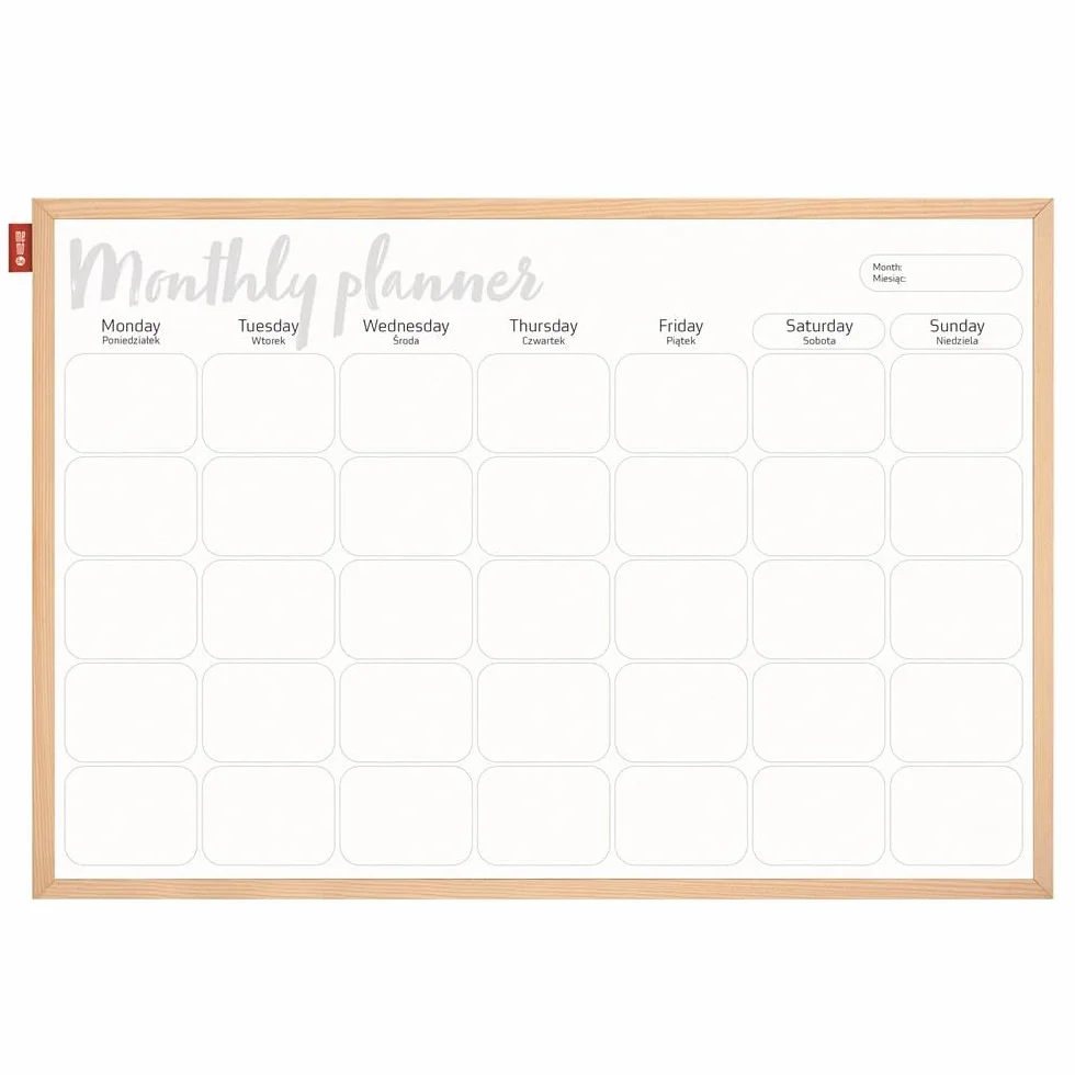 Memobe - Lavagna organizzativa - Agenda mensile - Lavagna bianca - Scrivibile e magnetica - Calendario da parete - Da appendere - Planner familiare - Bianco - con cornice in legno - 90 x 60 cm