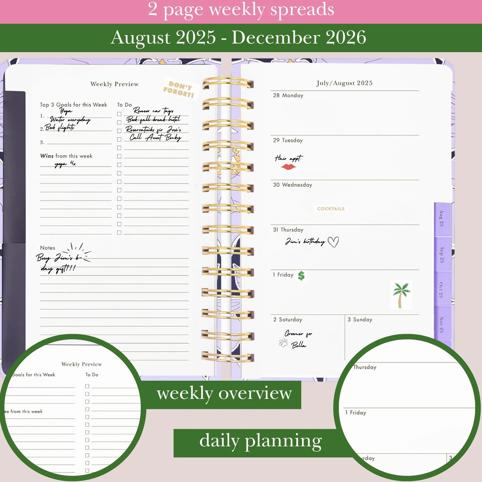 kate spade new york Agenda giornaliera 2025-2026, media, agosto 2025-dicembre 2026, copertina rigida, settimanale e mensile, a spirale, con adesivi (giardino costiero)