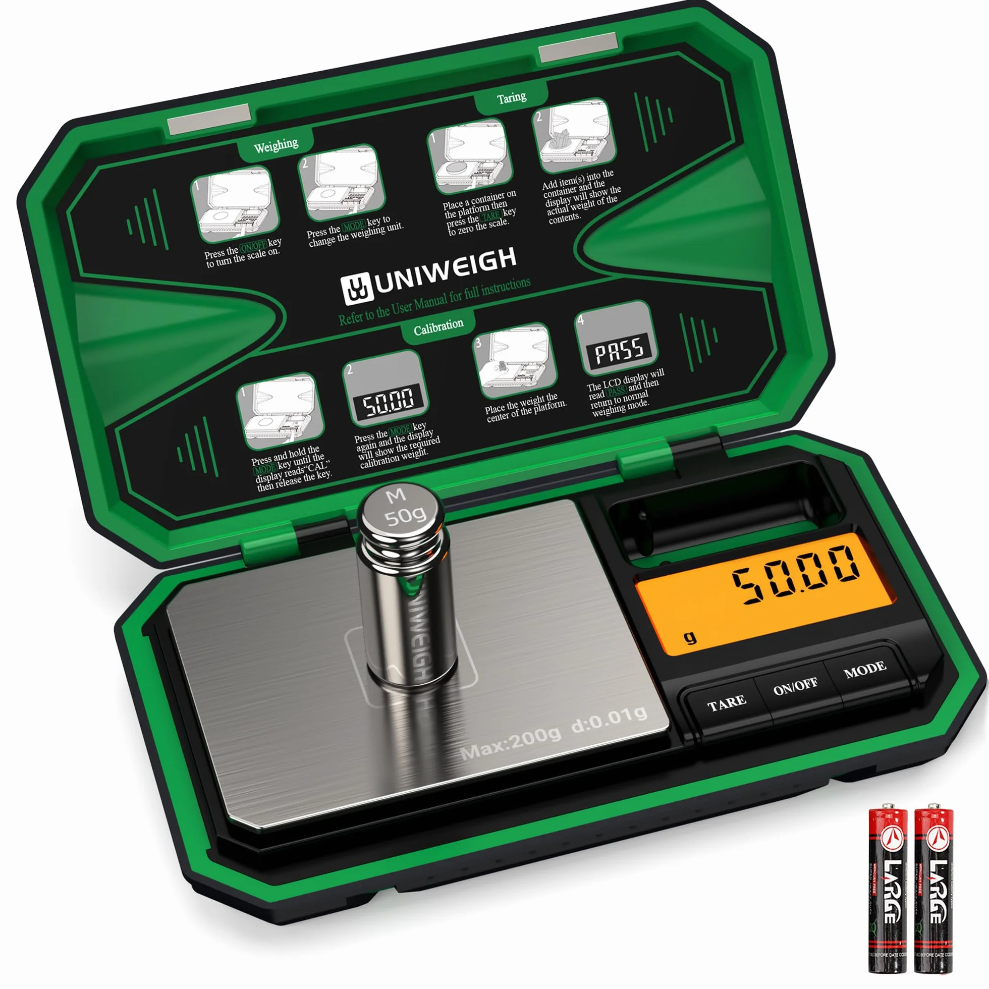 UNIWEIGH Bilancia digitale tascabile 200g/0,01g, mini scala alimentare con peso di calibrazione 50g, verde