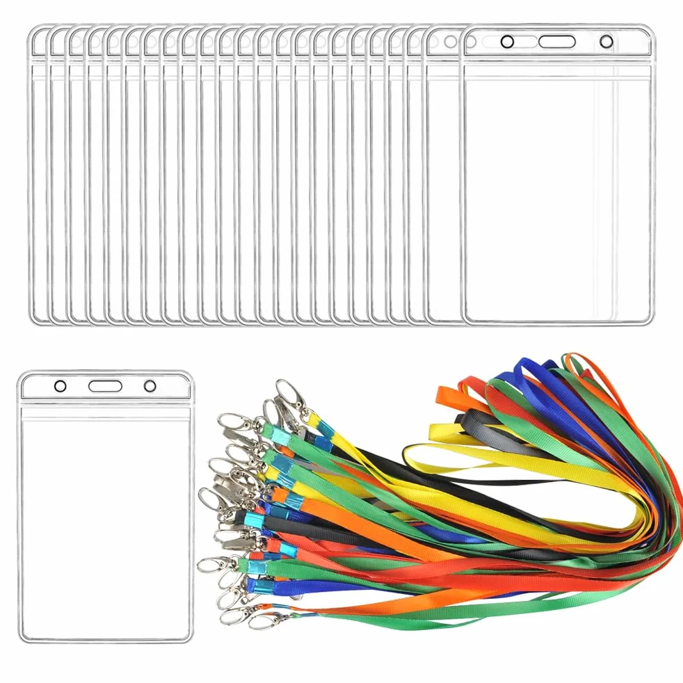 Porta Badge da Collo Verticale Trasparente con Cordini Multicolore 24 Paia PVC Impermeabile