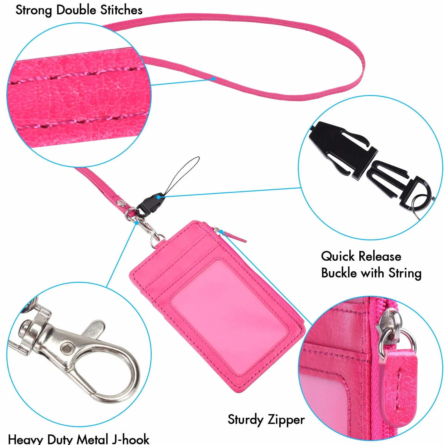 Wisdompro Porta Badge da Collo con Cerniera, 50 cm Portachiavi, 4 Slot, Finestra Trasparente, Rosa Caldo