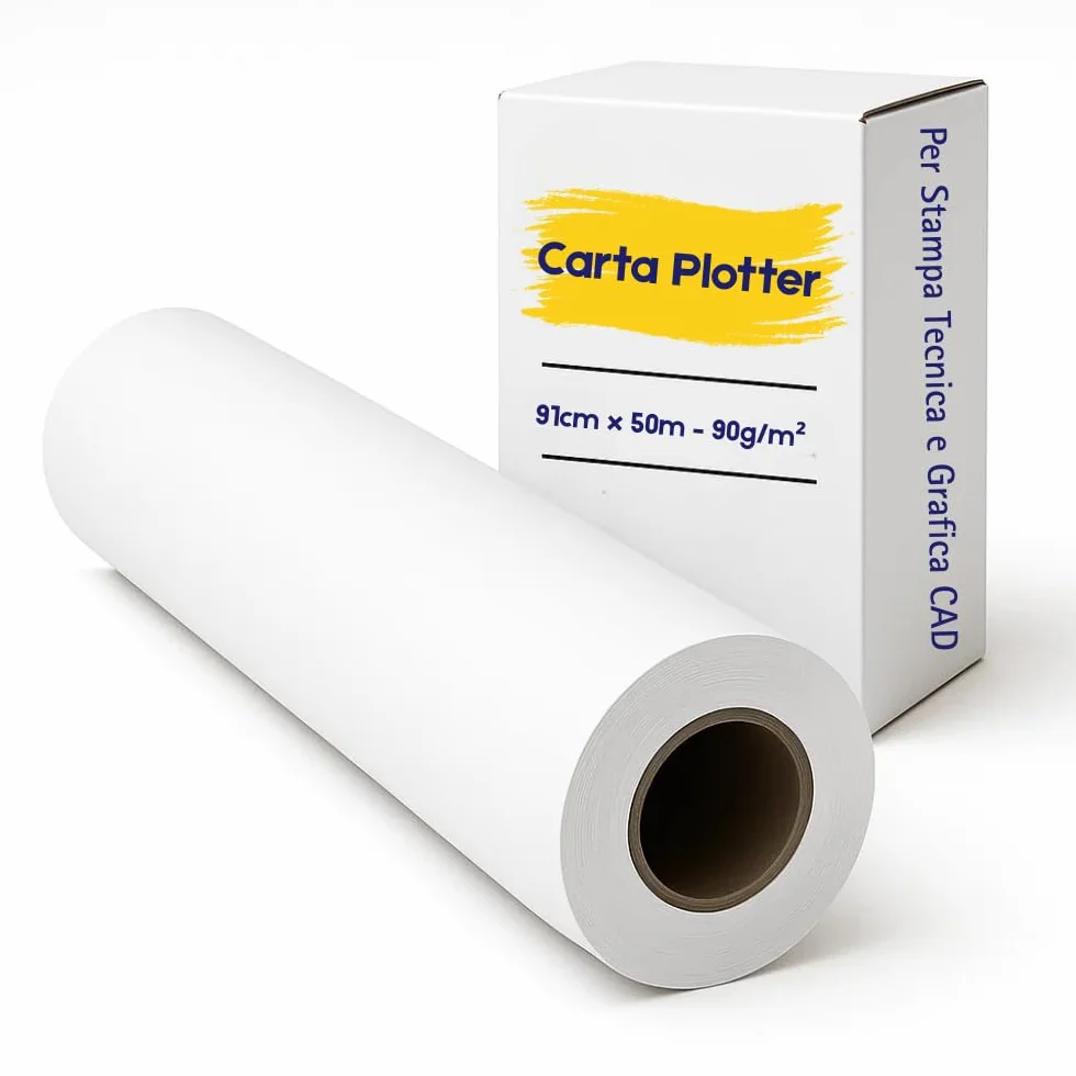 Rotolo Plotter 91cm x 50m 90g/m² Carta Bianca per Stampa Tecnica CAD GIS