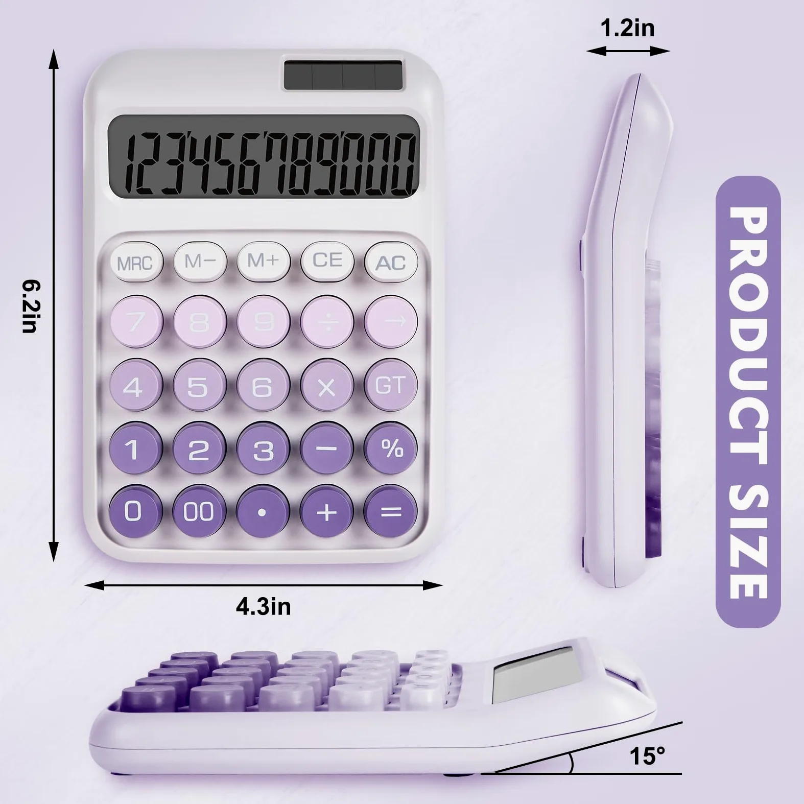 Calcolatrice meccanica con pulsanti grandi, calcolatrice da tavolo, 12 cifre, alimentazione a batteria solare, calcolatrice da tavolo, grande display LCD, simpatiche calcolatrici viola per