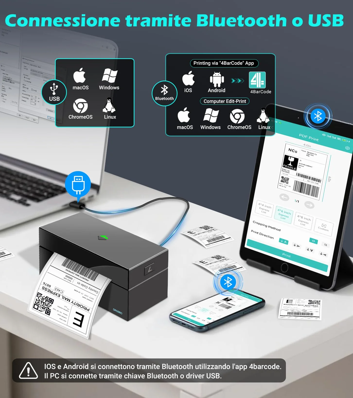 Stampante Etichette ORGBRO Z1 Plus Bluetooth 4x6 Termica per Spedizione, Compatibile Amazon eBay Shopify, Nero