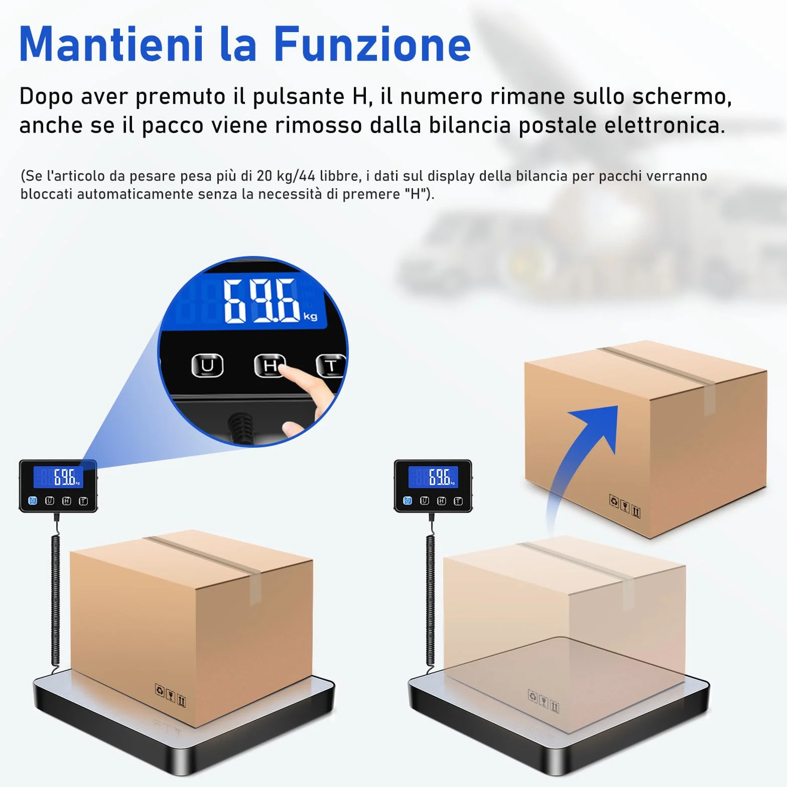 Bilancia Professionale 200kg/10g Alta Precisione Hold Tara Display LCD Montato a Parete per Pacchi e Bagagli Incluse 2 Batterie e Cavo di Ricarica