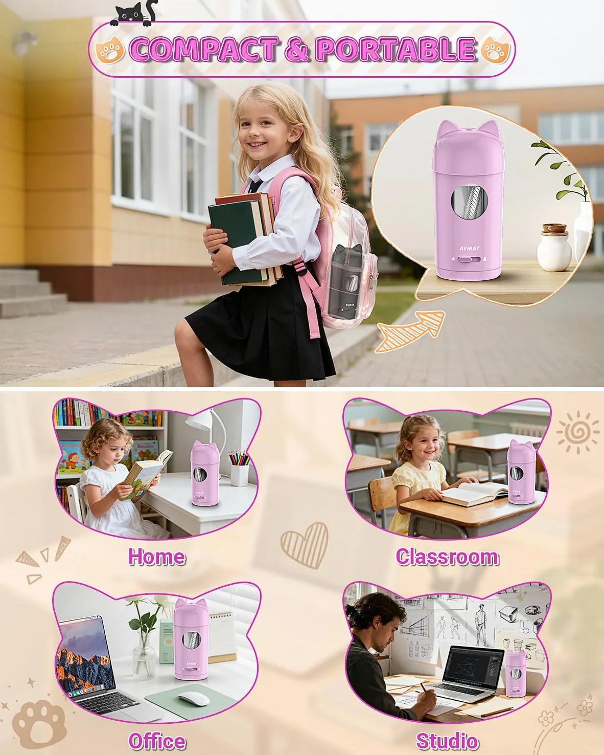 AFMAT Temperamatite elettrico, temperamatite per matite spesse e sottili (7-8 mm), autostop – temperamatite per bambini, ufficio e homeschooling, temperamatite automatico con contenitore di raccolta