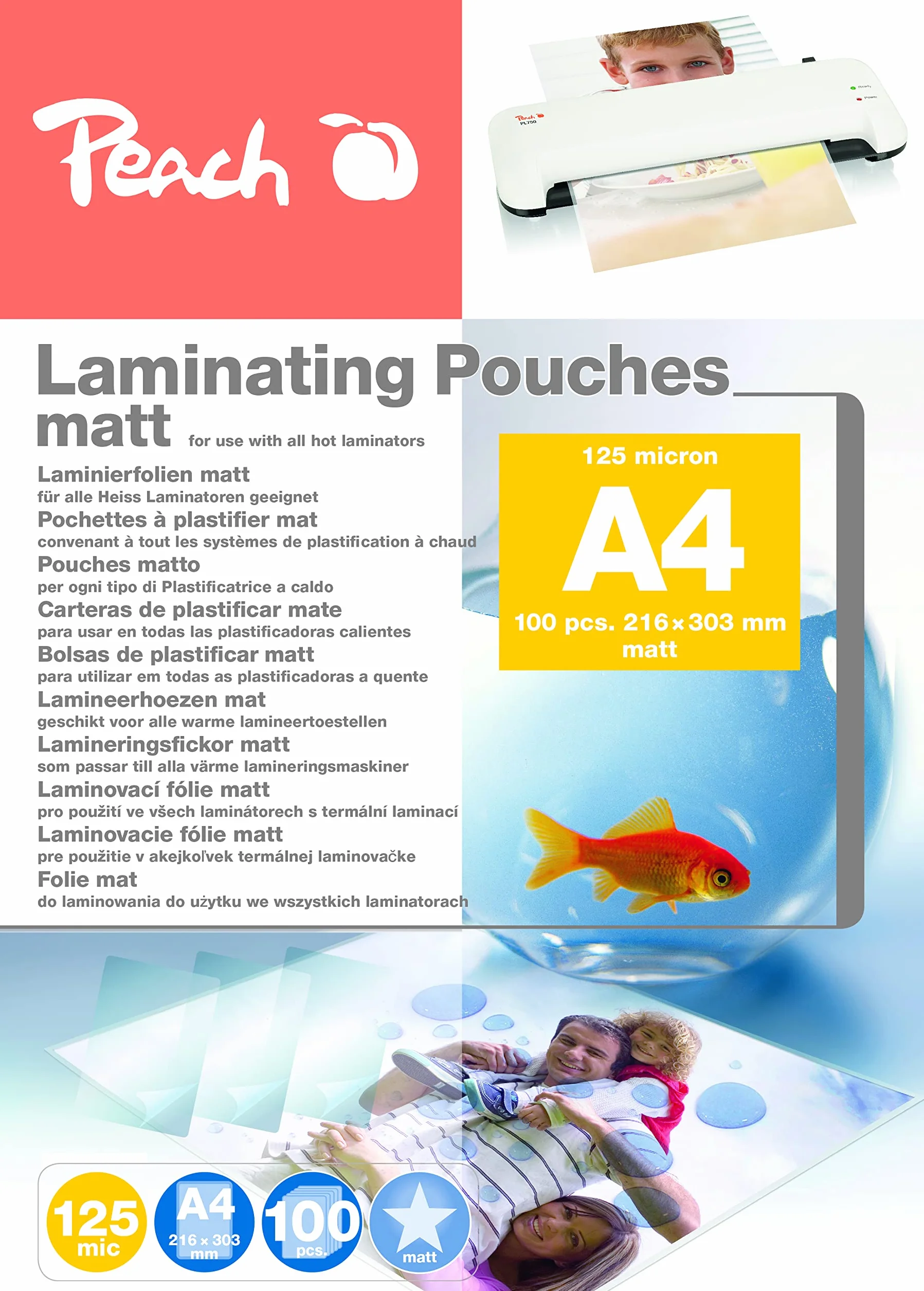Peach Pellicole per laminazione A4-125 mic, 100 pouches, opache, scrivibili, qualità premium per i migliori risultati di laminazione, compatibili con dispositivi di tutte le marche - S-PP525-22