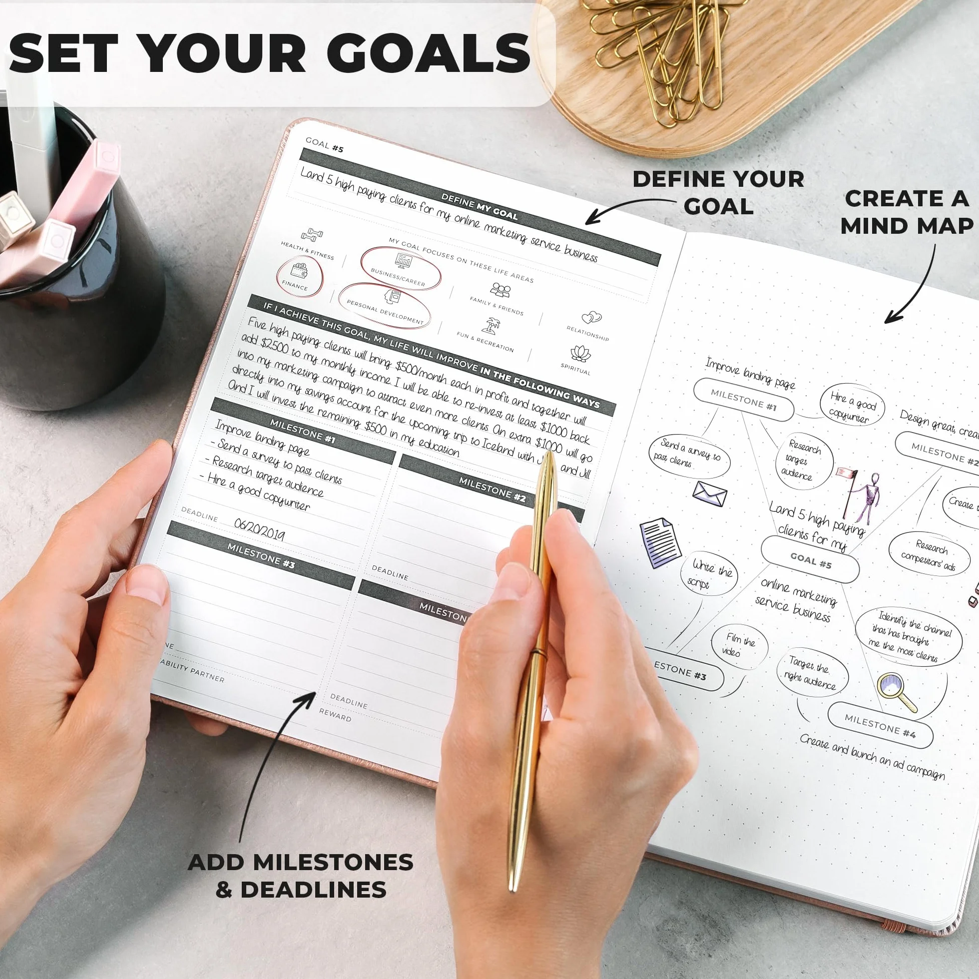 Clever Fox Ultimate Achiever's Goal Planner – Diario di 90 giorni Focus & Productivity. Agenda giornaliera settimanale mensile e agenda oraria, senza data, copertina rigida, formato A5, oro rosa