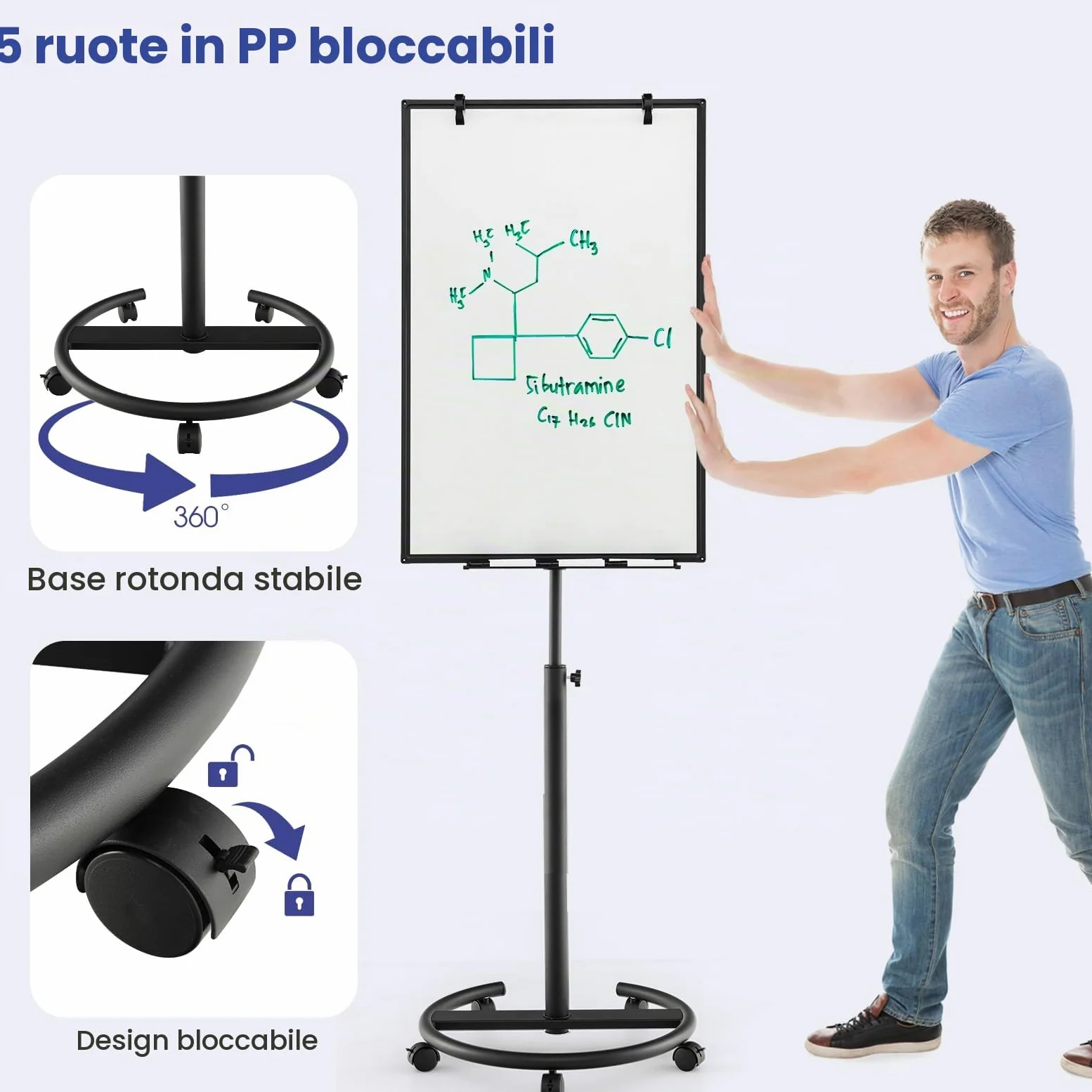 GYMAX 100 x 65 x 132-192 cm Lavagna Bianca a Secco Mobile, Lavagna Magnetica con Ruote e Supporto Regolabile in Altezza, 1 Cancellino,12 Magnetici, 25 Fogli di Carta, 6 Penna, 2 Graffette (Nero)