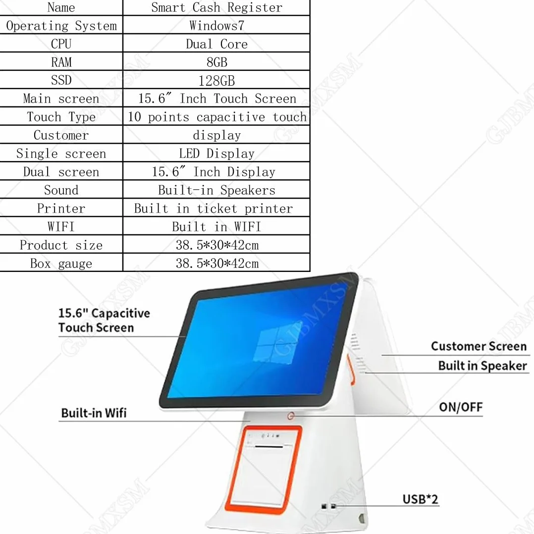 Sistemi Pos per Pc con Touch Screen da 15,6 Pollici, Sistemi Pos con Registratore di Cassa Touch Screen Intelligente Tutto in Uno, CPU-i5 8G + 128G per Ristoranti Aziendali Black