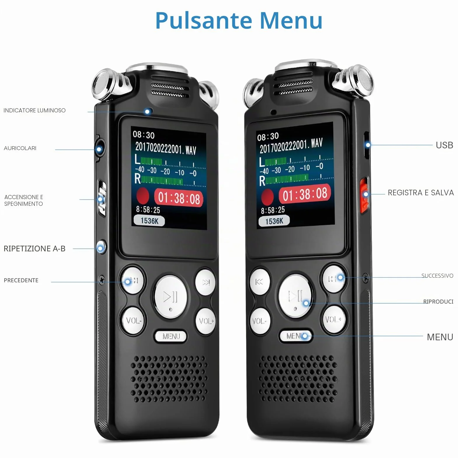 Docooler - Registratore vocale da 8GB, registratore audio con cancellazione del rumore, microfono doppio per registrazione vocale HD attivata, custodia in metallo