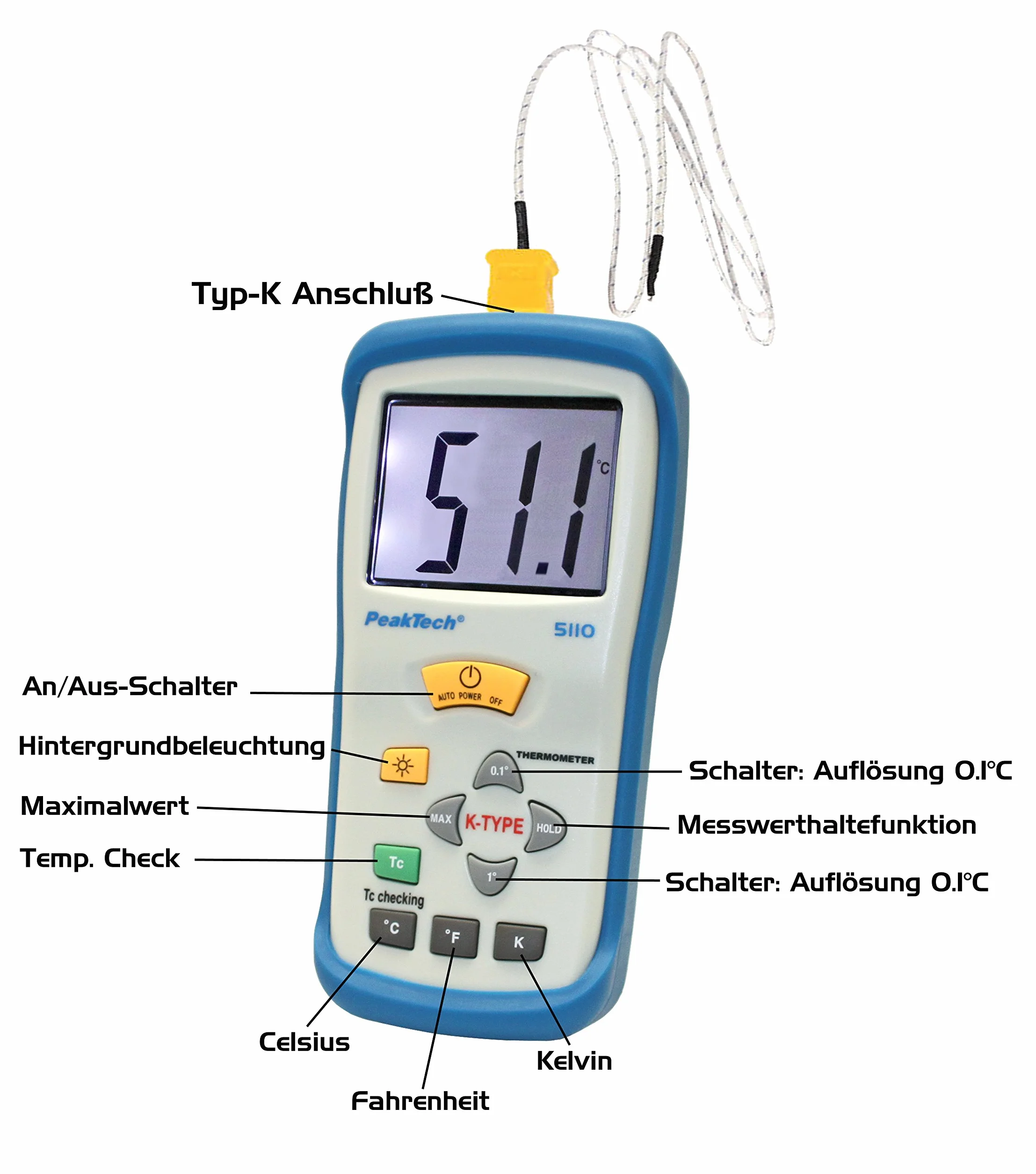 PeakTech Termometro digitale 1 canali -50°C +1300°C tipo K Sonda P 5110