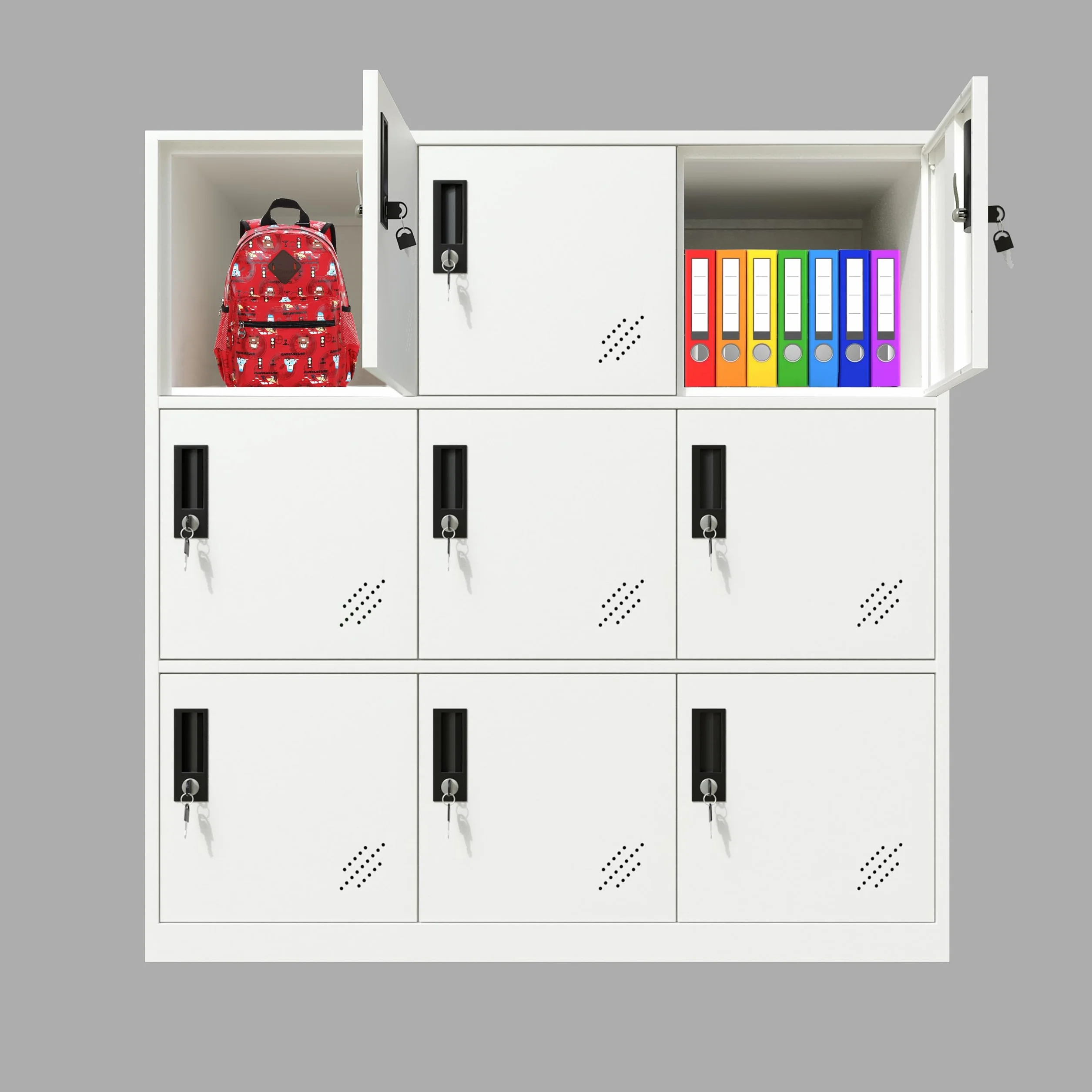 MECOLOR Armadietto in metallo per ufficio, armadietto per dipendenti, armadietti da palestra, armadietto in acciaio con serratura per camera da letto (9D, bianco completo)