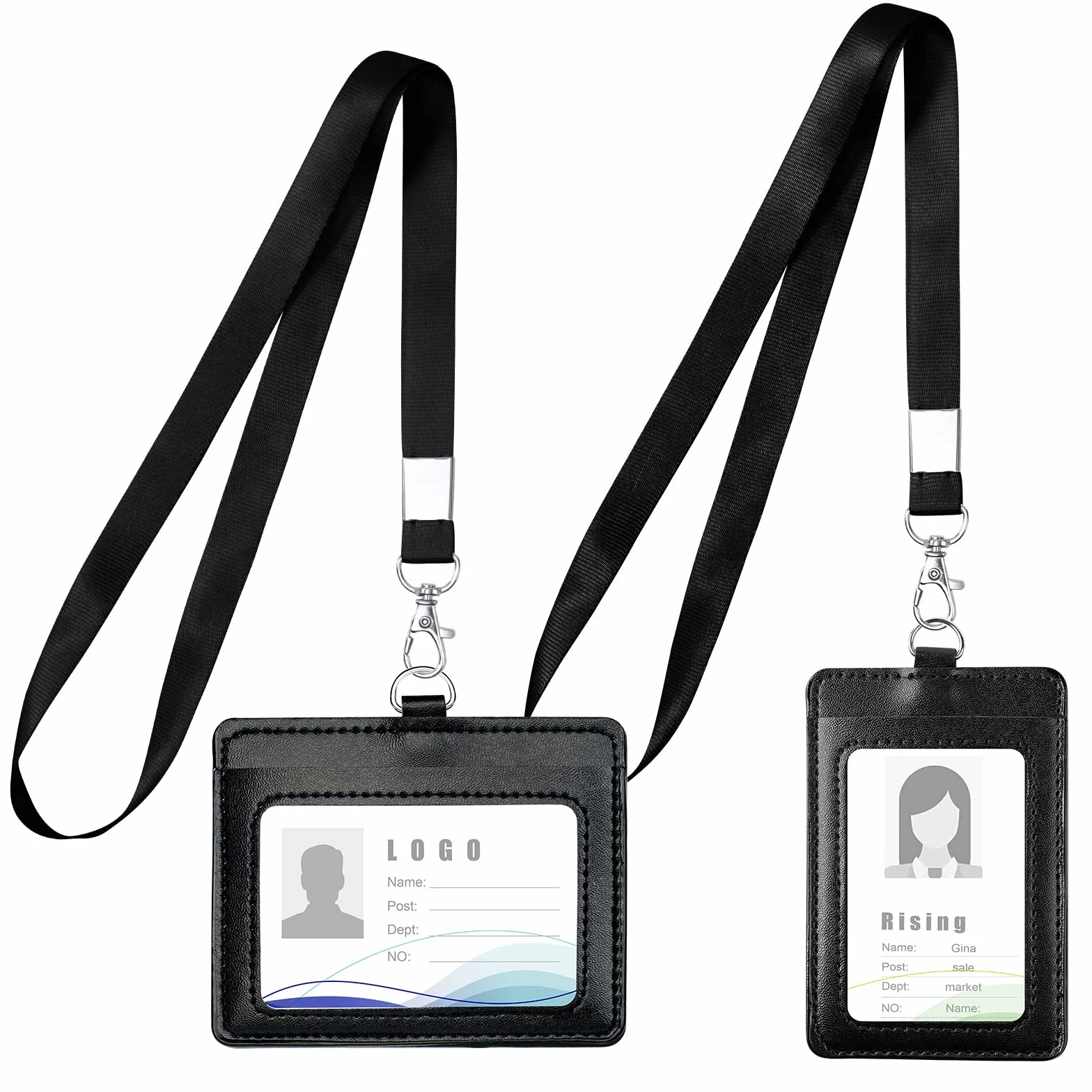 Vicloon Porta badge in pelle PU 2 pezzi con finestra trasparente per ID e slot carte credito cordino staccabile nero verticale orizzontale