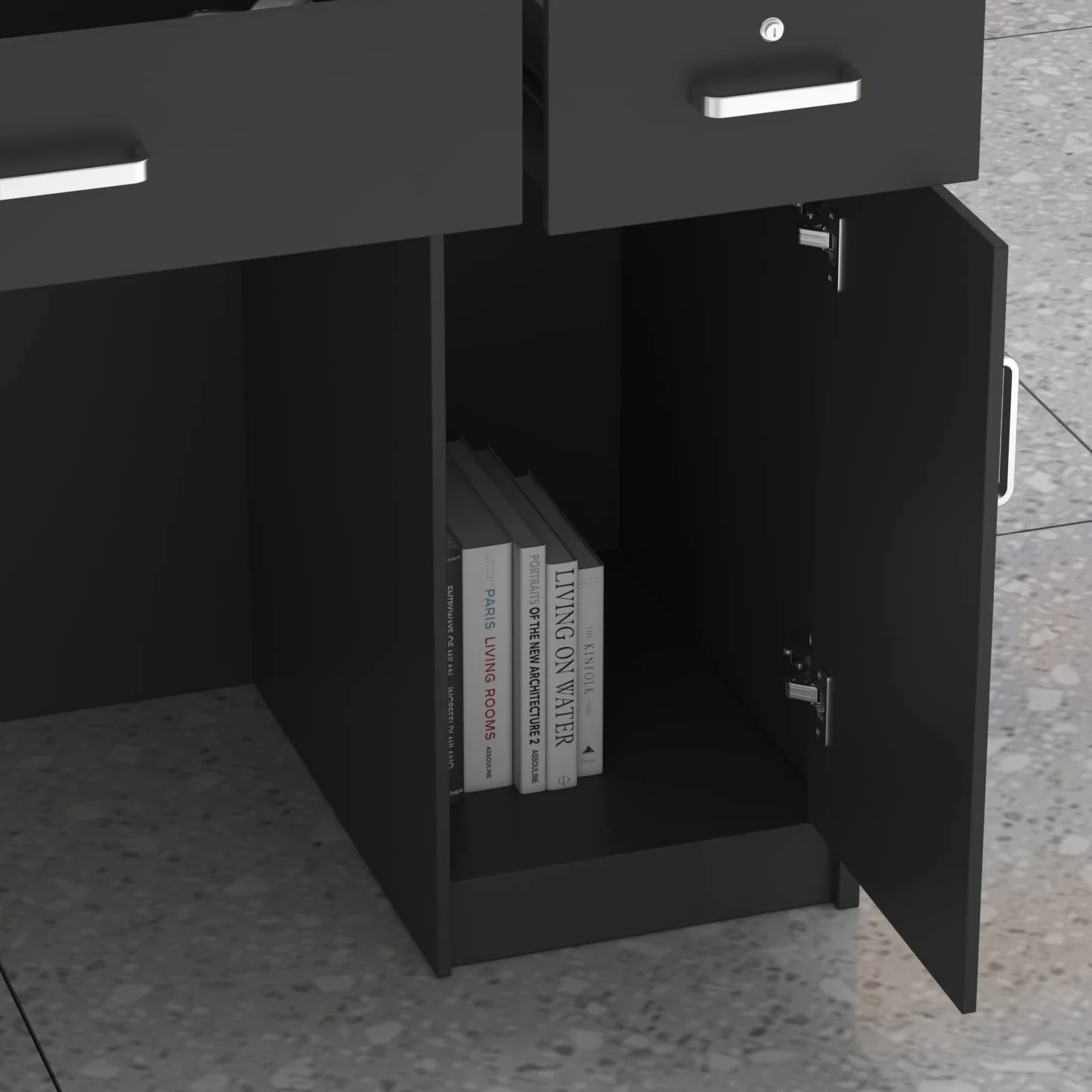 Banco e reception mobili da ufficio con 3 cassetti e 1 armadio, 110 x 120 x 48 cm, nero