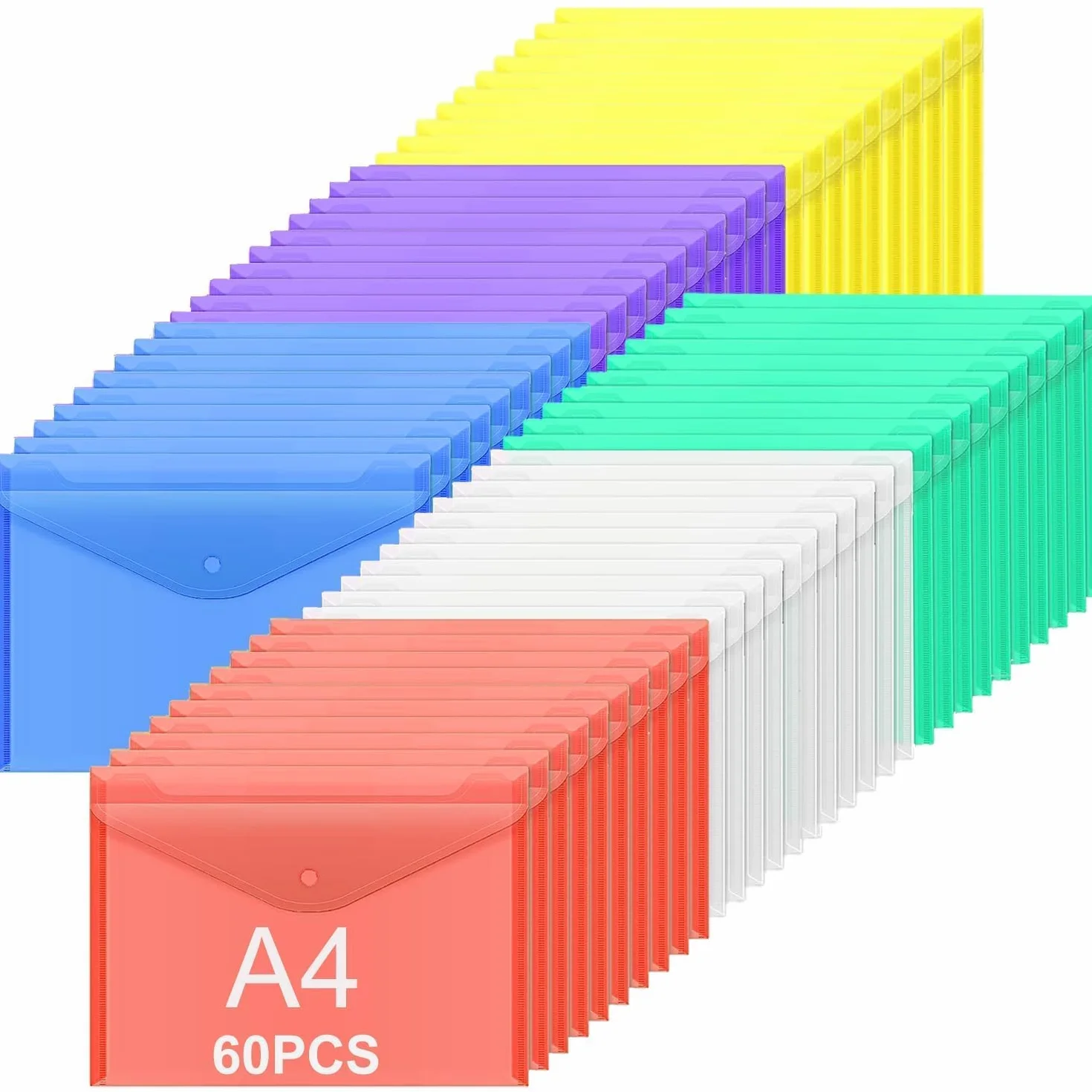 ASelected 60 Pezzi Busta Documenti A4 Colorata con Bottone, Cartellina con Bottone Trasparente in 6 Colori per Archiviare Progetti, Scuola e Ufficio, Porta Documenti A4