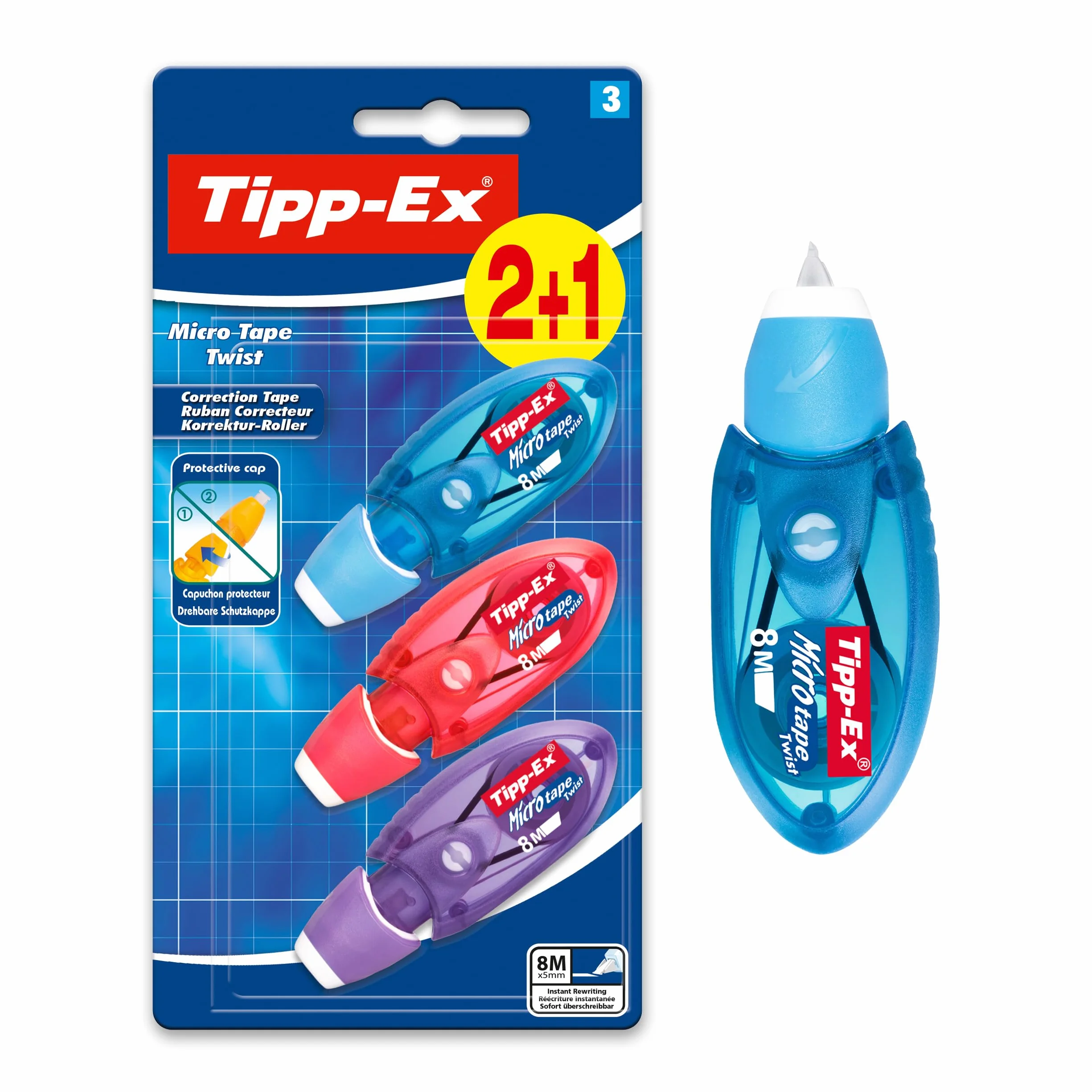 Tipp-Ex Correttore a Nastro, Micro-Tape Twist, 2+1 Unità, Colori Assortiti