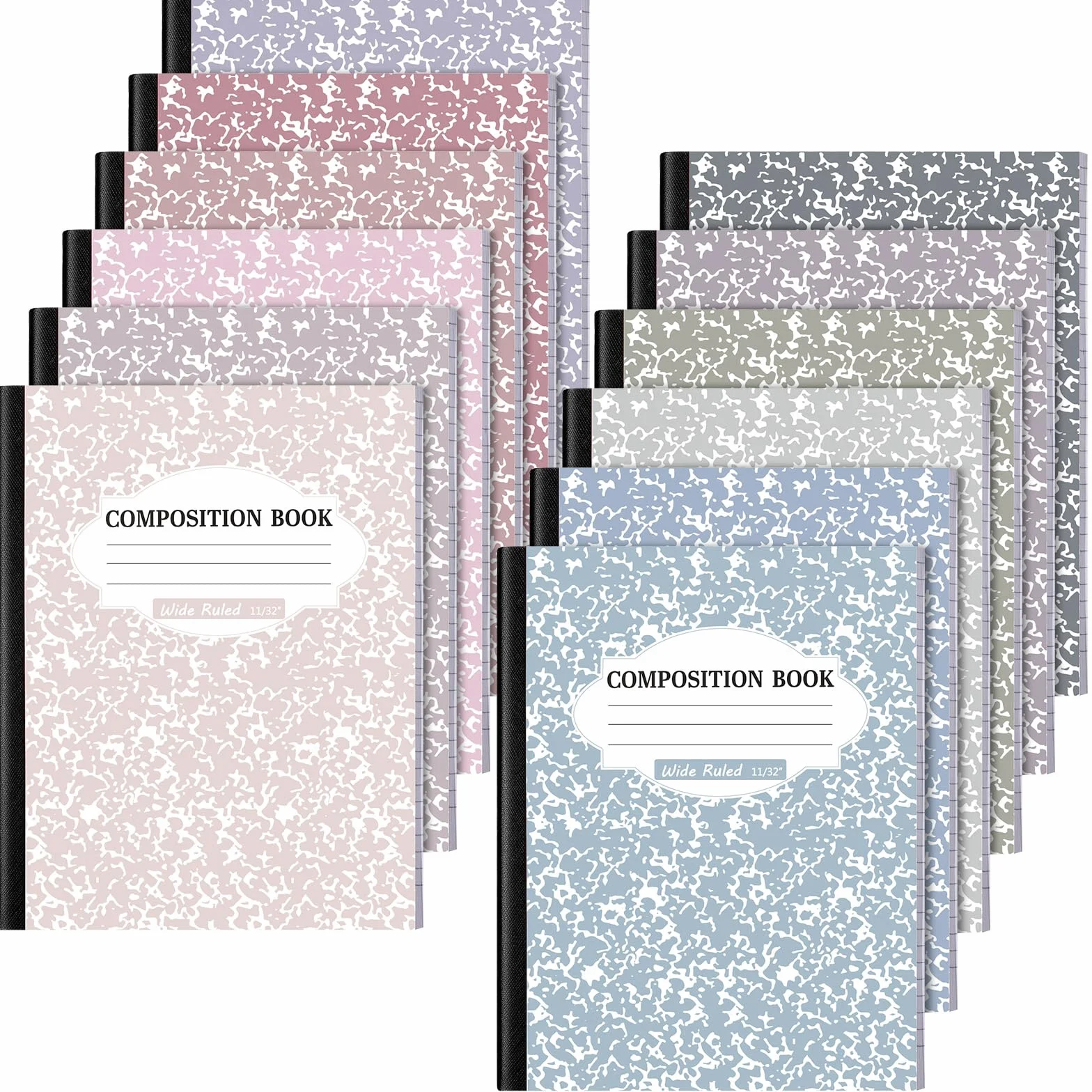 Colarr Confezione da 12 quaderni a righe larghe per composizione, 24 x 19 cm, carta marmorizzata, colori assortiti, per ufficio e scuola, copertina rigida, rilegatura cucita robusta (colore taro)