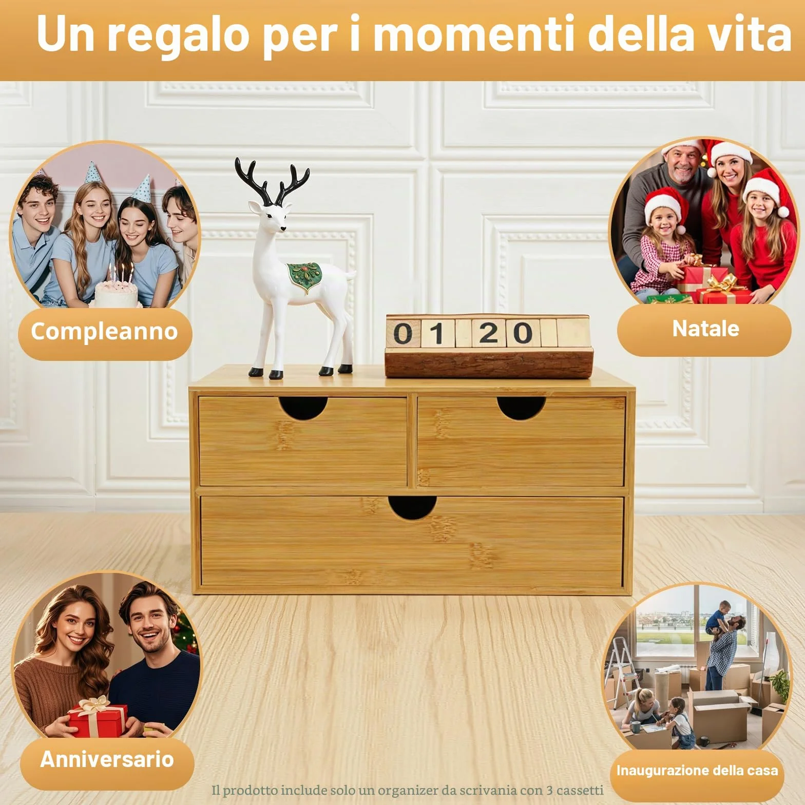 Organizer da scrivania in bambù con cassetti, mini cassettiera in bambù, design monoblocco, scatola per trucco con 3 cassetti, per ufficio, soggiorno e camera da letto