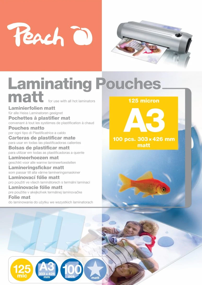 Peach Pellicole plastificatrici A3 – 125 mic – 100 pouches – opaco – scrivibile – qualità premium per i migliori risultati di laminazione – compatibile con dispositivi di tutti i produttori –