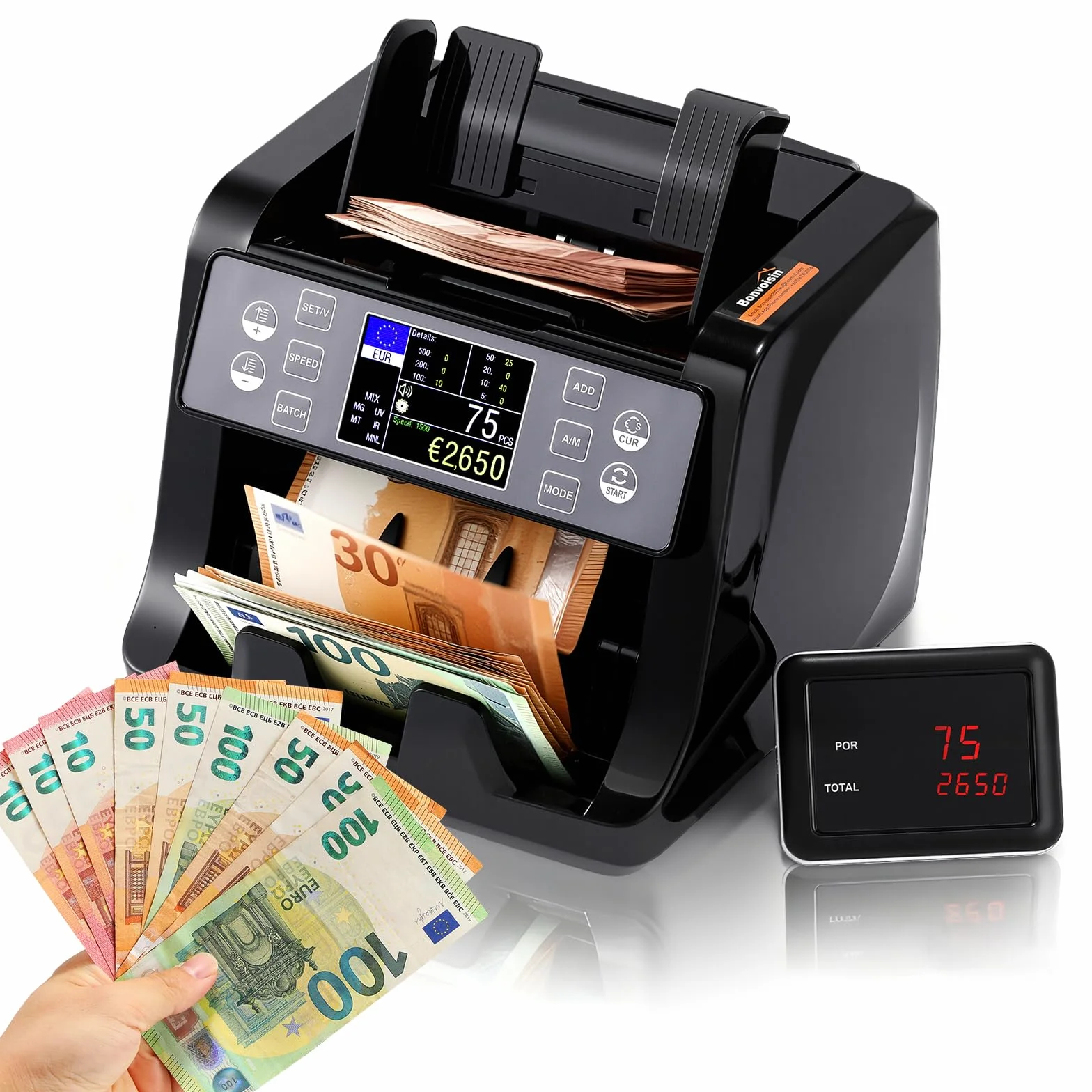 Bonvoisin Conta Banconote, Conteggio del Valore per Banconote Miste in Euro con Rilevamento di Contraffazione UV/MG/IR/MT, 1500 Pezzi/min, Macchina Conta Soldi Professionale con TFT e Display Esterno