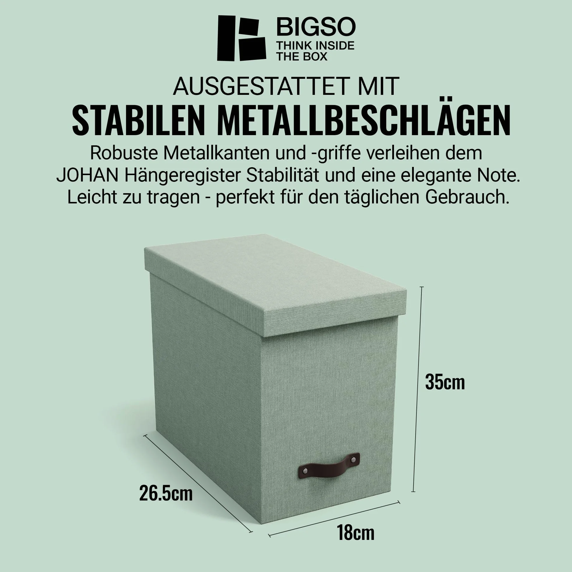 BIGSO JOHAN Scatola per cartelle sospese con coperchio, elegante scatola per archivio con 8 raccoglitori sospesi, scatola per cartelle sospese in fibra e carta in elegante effetto lino, verde menta