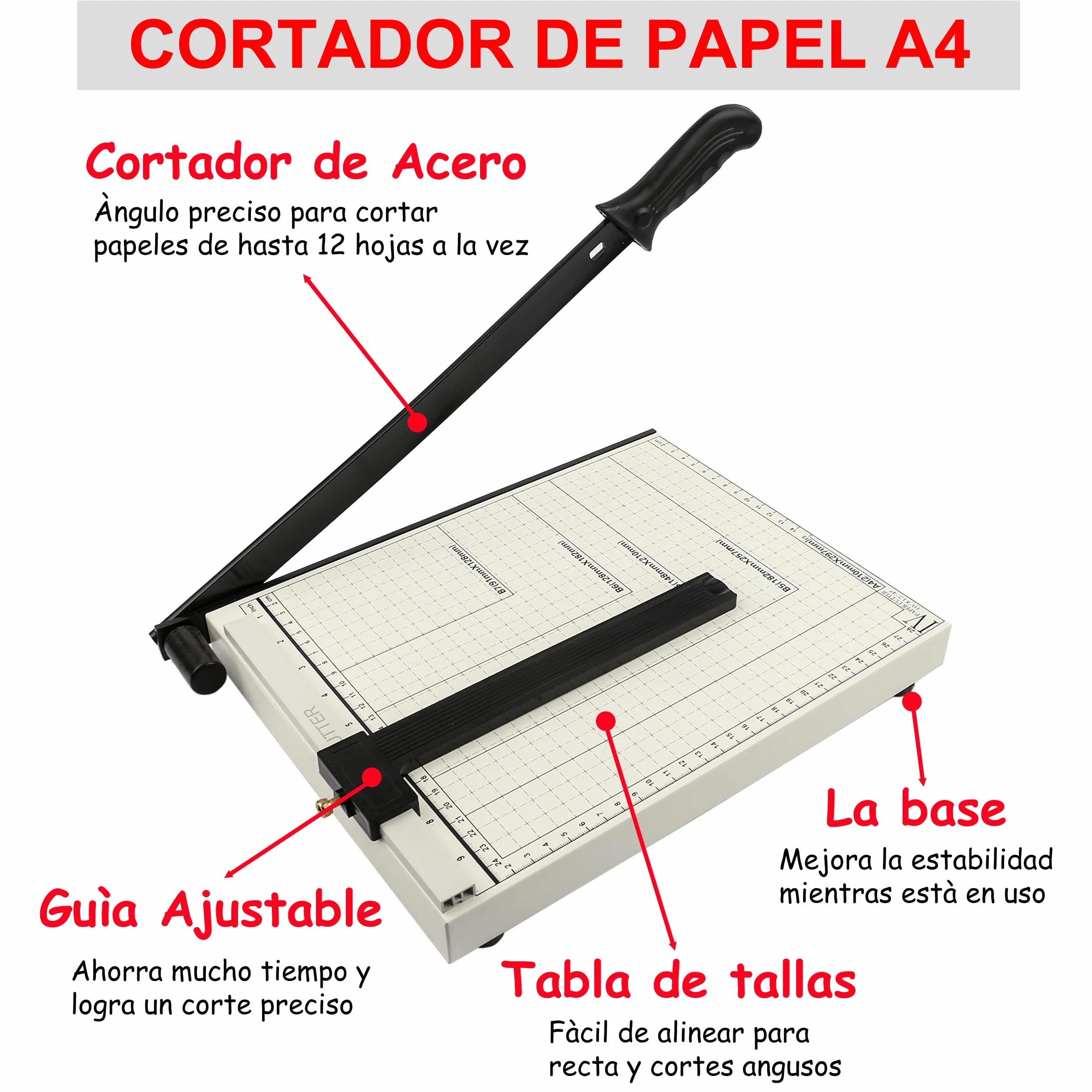 Taglierina a Ghigliottina per Carta A4 con Base in Metallo Capacità 12 Fogli Professionale per Ufficio Fotografico e Cancelleria