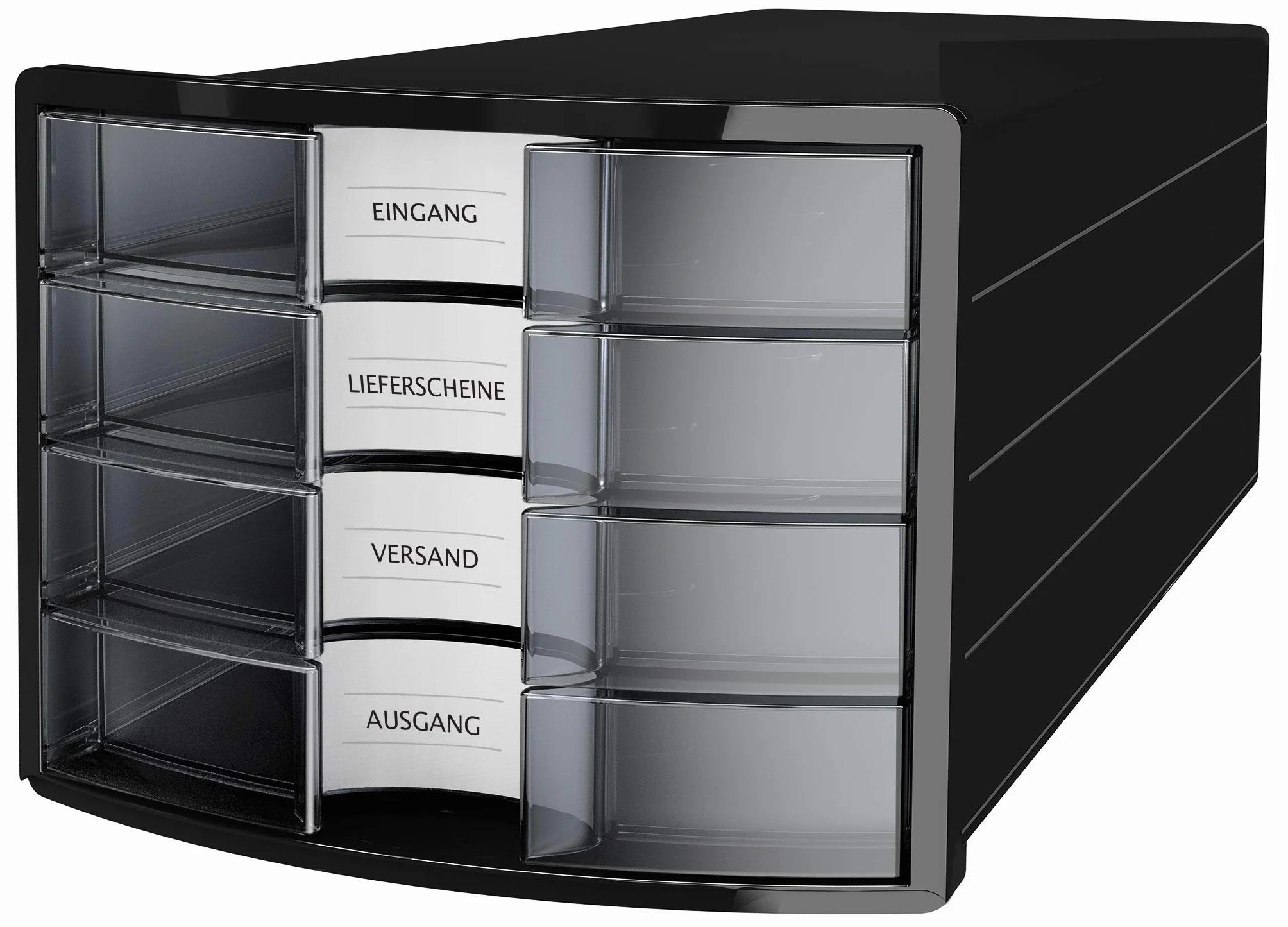 Cassettiera HAN IMPULS 2.0 – Design accattivante abbinato a una qualità eccellente. Con 4 cassetti chiusi per DIN A4/C4, nero-traslucido, 1012-363