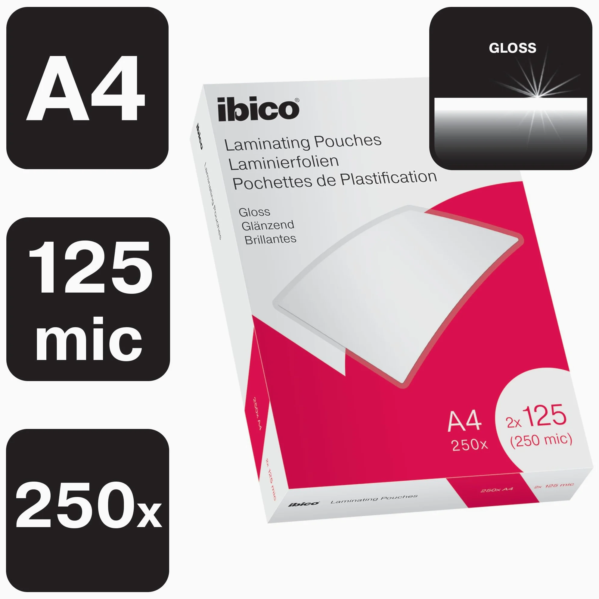 Ibico Pouch per la Plastificazione a caldo, Formato A4, 250 Micron (2x125), Elevata protezione dei documenti e Durabilità, Confezione da 250, Finitura Lucida, Trasparente, 628605