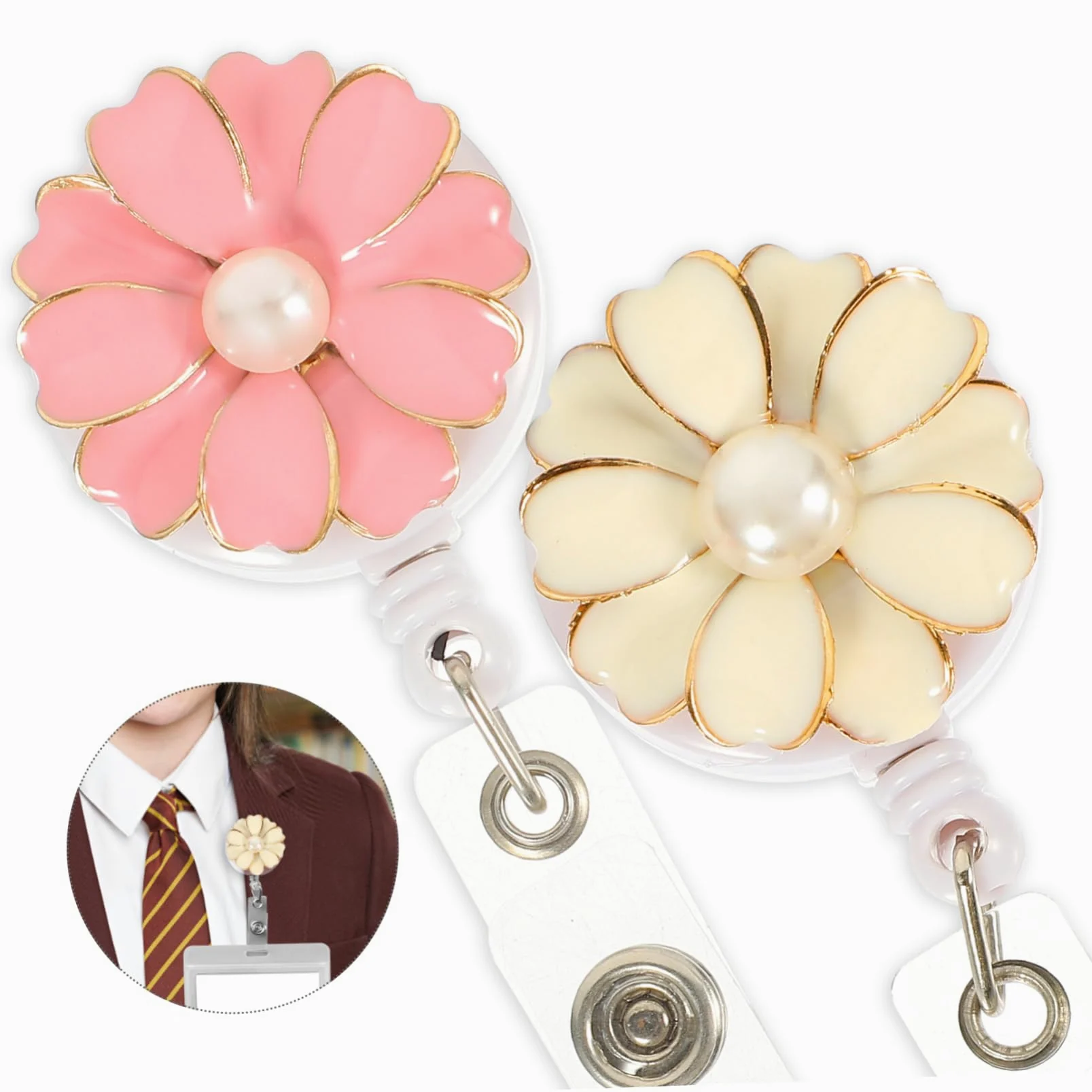 Operitacx 10pezzi Portanomi Retrattile Con Clip Porta Badge Elegante Per e Uffici Design Fiore Perla e Perla Accessorio Pratico Per Tessere Id