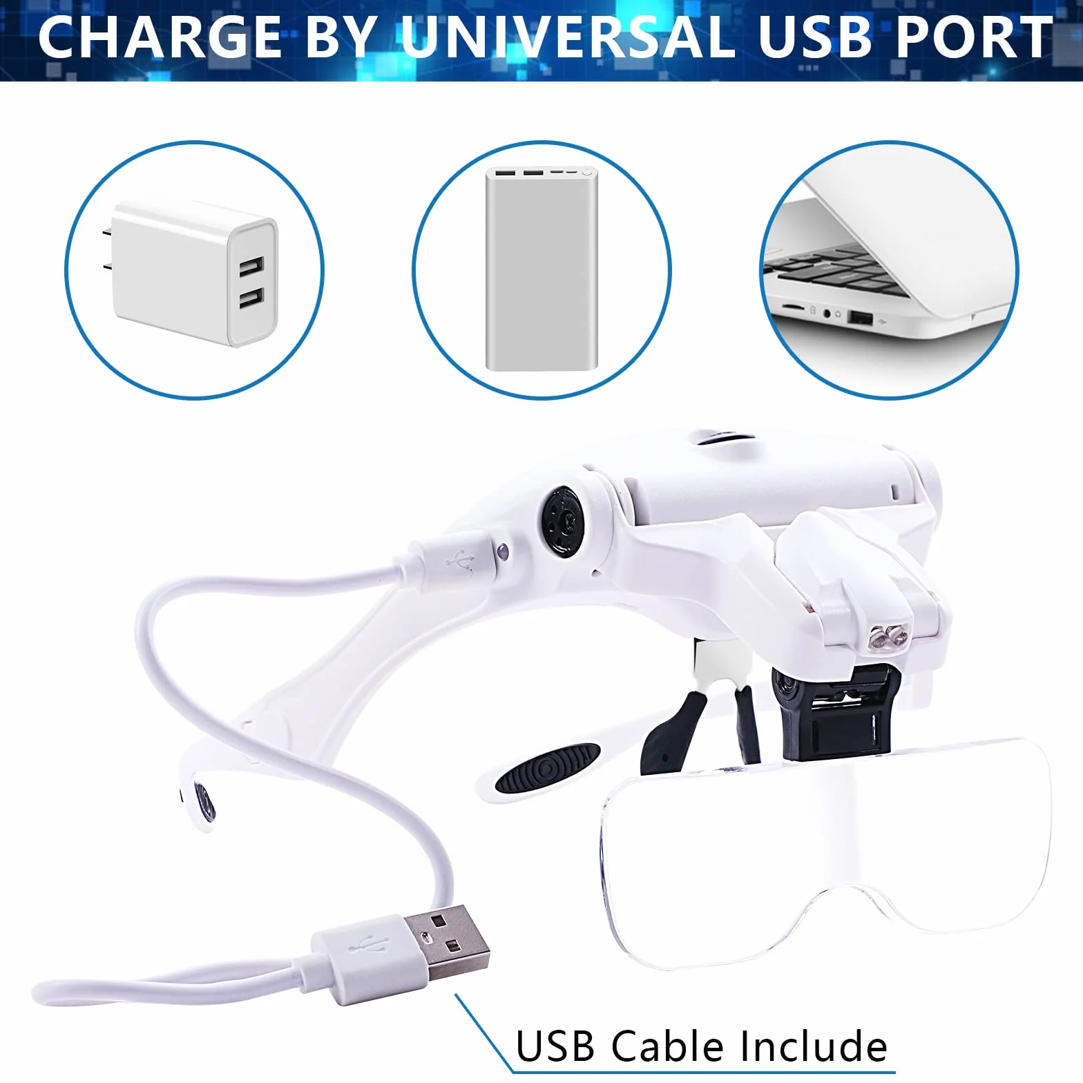 Lente d'ingrandimento per fascia mani libere, ricarica USB, con luce LED, per gioielli, artigianato, orologi, hobby, 5 lenti, 1,0x, 1,5x, 2,0x, 2,5x, 3,5x, (versione aggiornata)