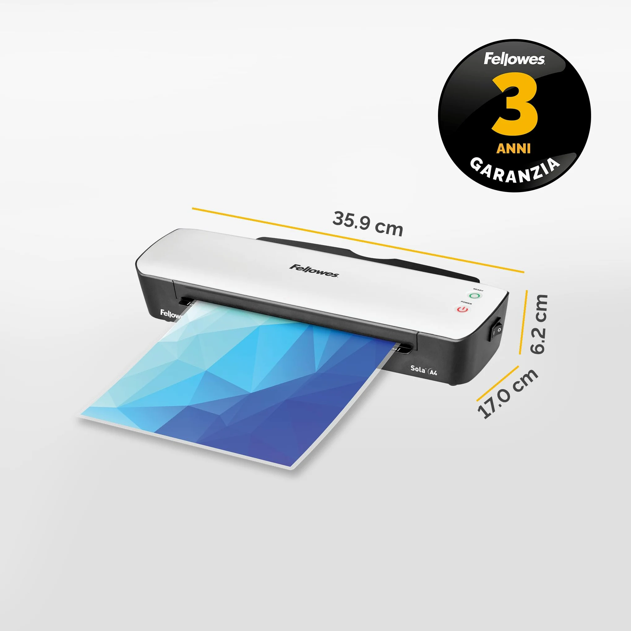 Fellowes plastificatrice Sola, formato A4, fino a 125 micron, uso domestico, con leva di sblocco e modalità riposo, [ESCLUSIVA AMAZON] + Pouches A4 per plastificazione, Finitura lucida, 120 fogli