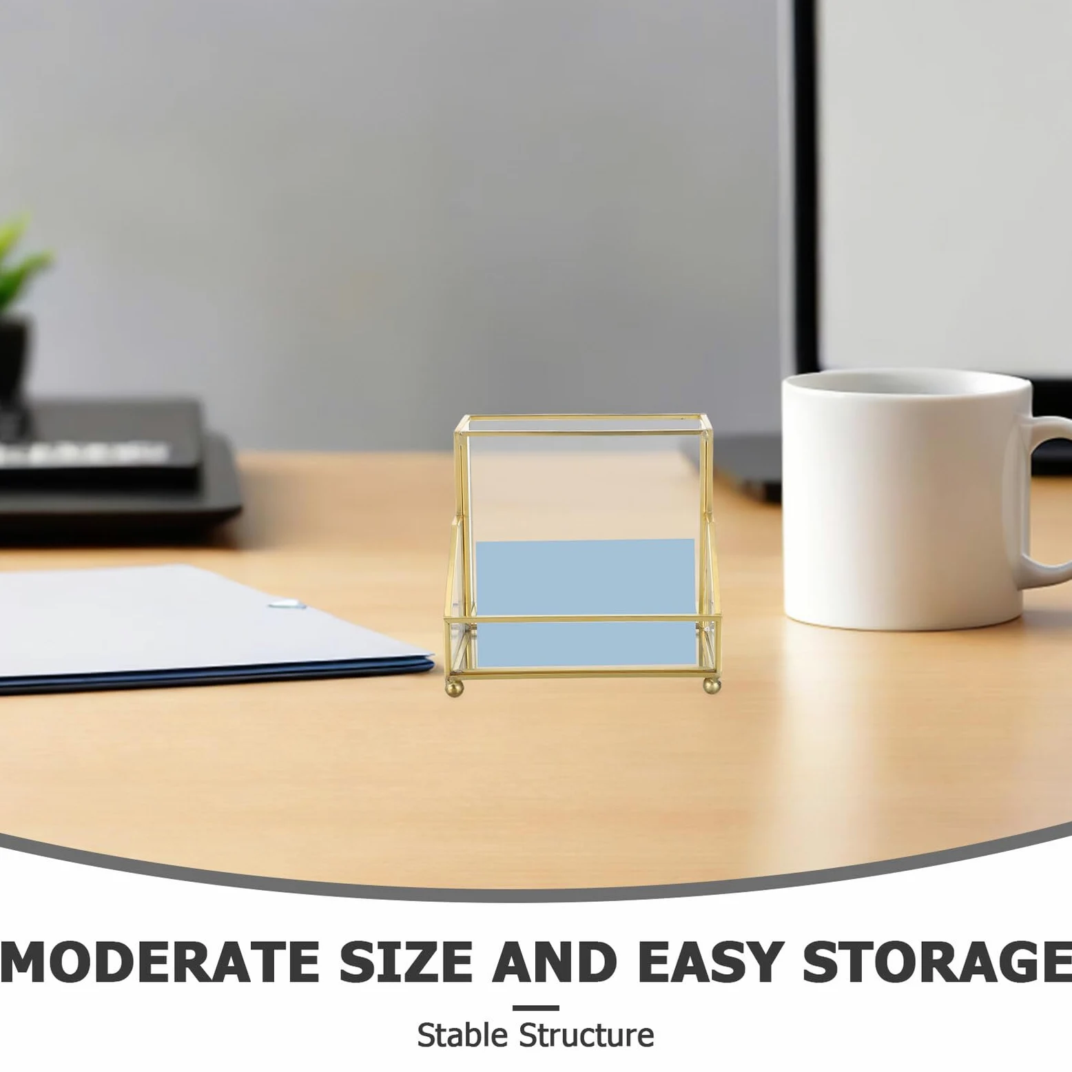 Scatola Porta Biglietti da Visita con Bordo Oro, Organizer Elegante | Vetro e Ferro, Formato Verticale da Tavolo, per Ufficio e Riunioni, Scambio Rapido delle Carte