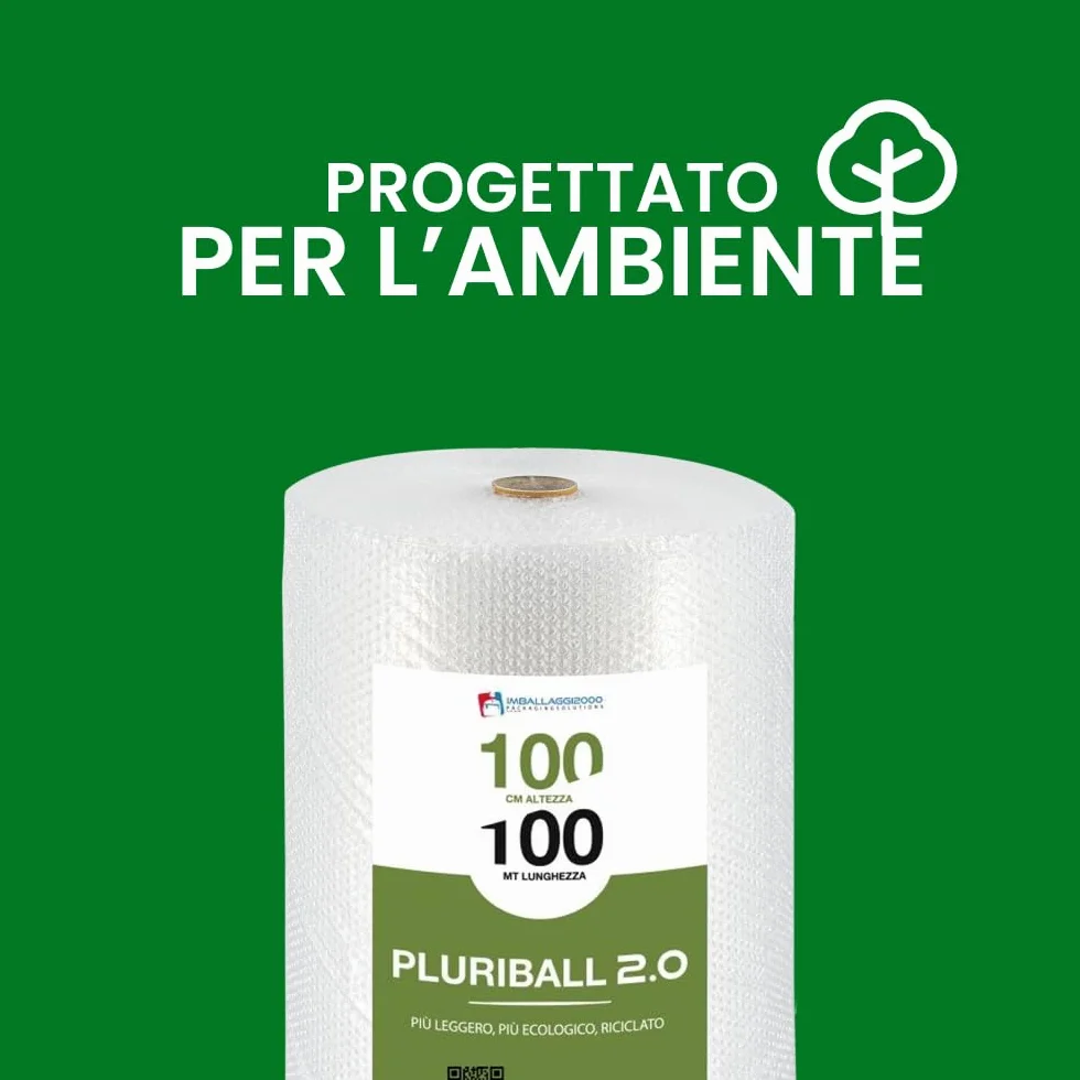 Pluriball Imballaggio 50% Materiali Riciclati 2.0 1 Rotolo 100mtx100cm 28gr/mq Plastica per Imballaggio con Bolle