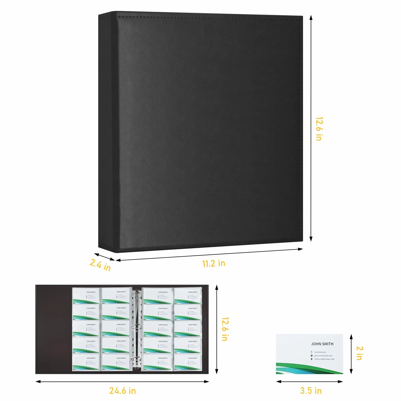 Album Portabiglietti da Visita 600 Carte A4 in Pelle PU, Anelli Caricamento Laterale, Nero | Organizzazione Ufficio
