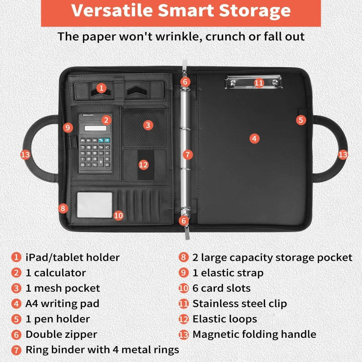 Cartella Portadocumenti A4 Zipper in Pelle con Manici Magnetici Pieghevoli, 2 Scomparti, Supporto Tablet, Nero