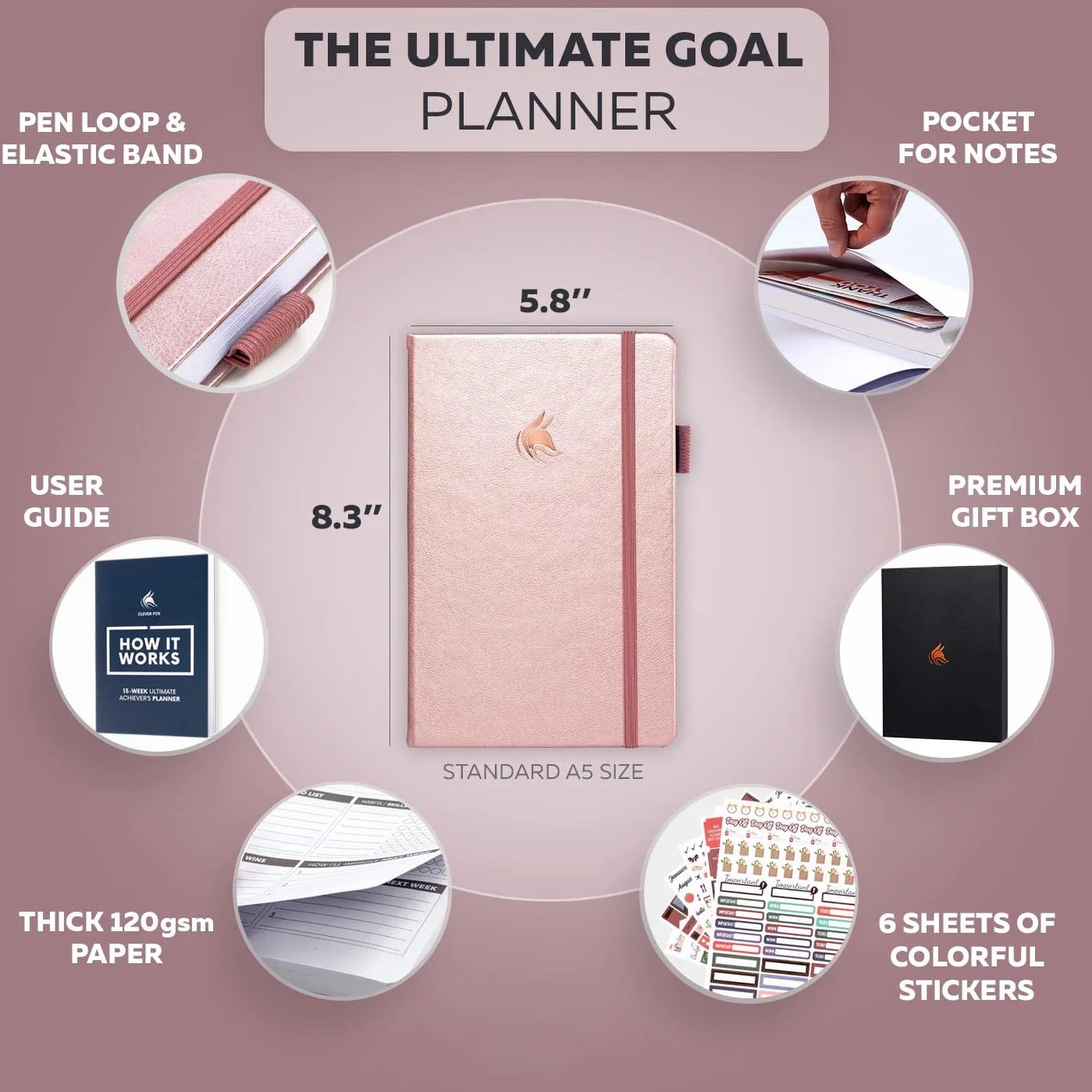 Clever Fox Ultimate Achiever's Goal Planner – Diario di 90 giorni Focus & Productivity. Agenda giornaliera settimanale mensile e agenda oraria, senza data, copertina rigida, formato A5, oro rosa