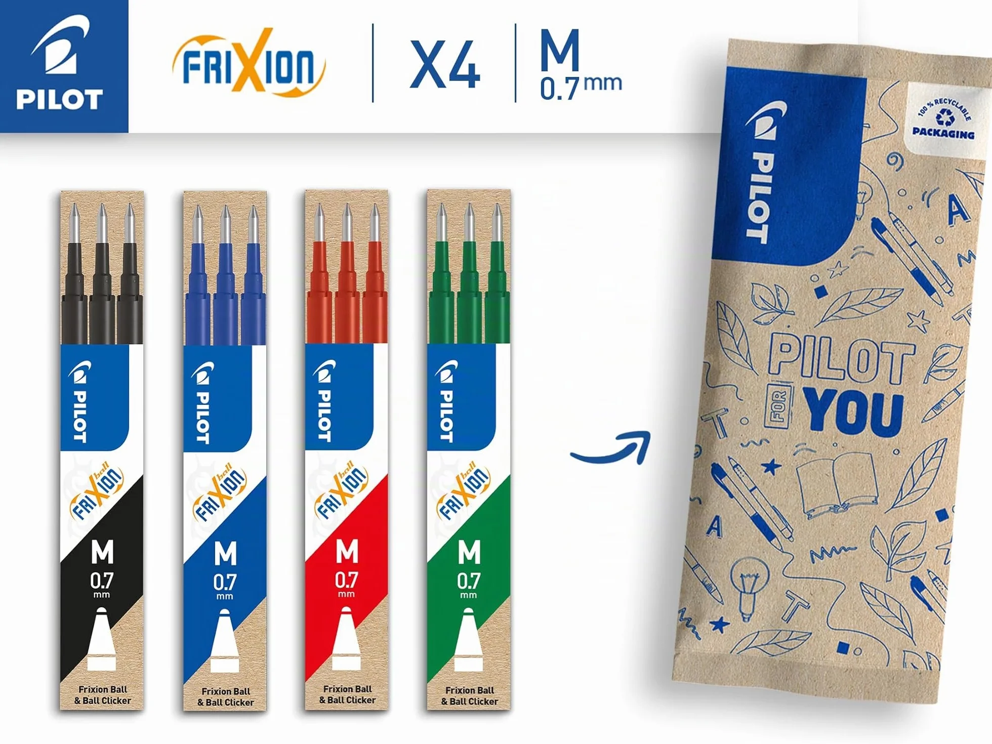 PILOT 4 Set Ricariche FriXion Ricariche Penne Cancellabili Compatibili FriXion Ball Clicker Nero Blu Rosso Verde Punta Media 12 Ricariche