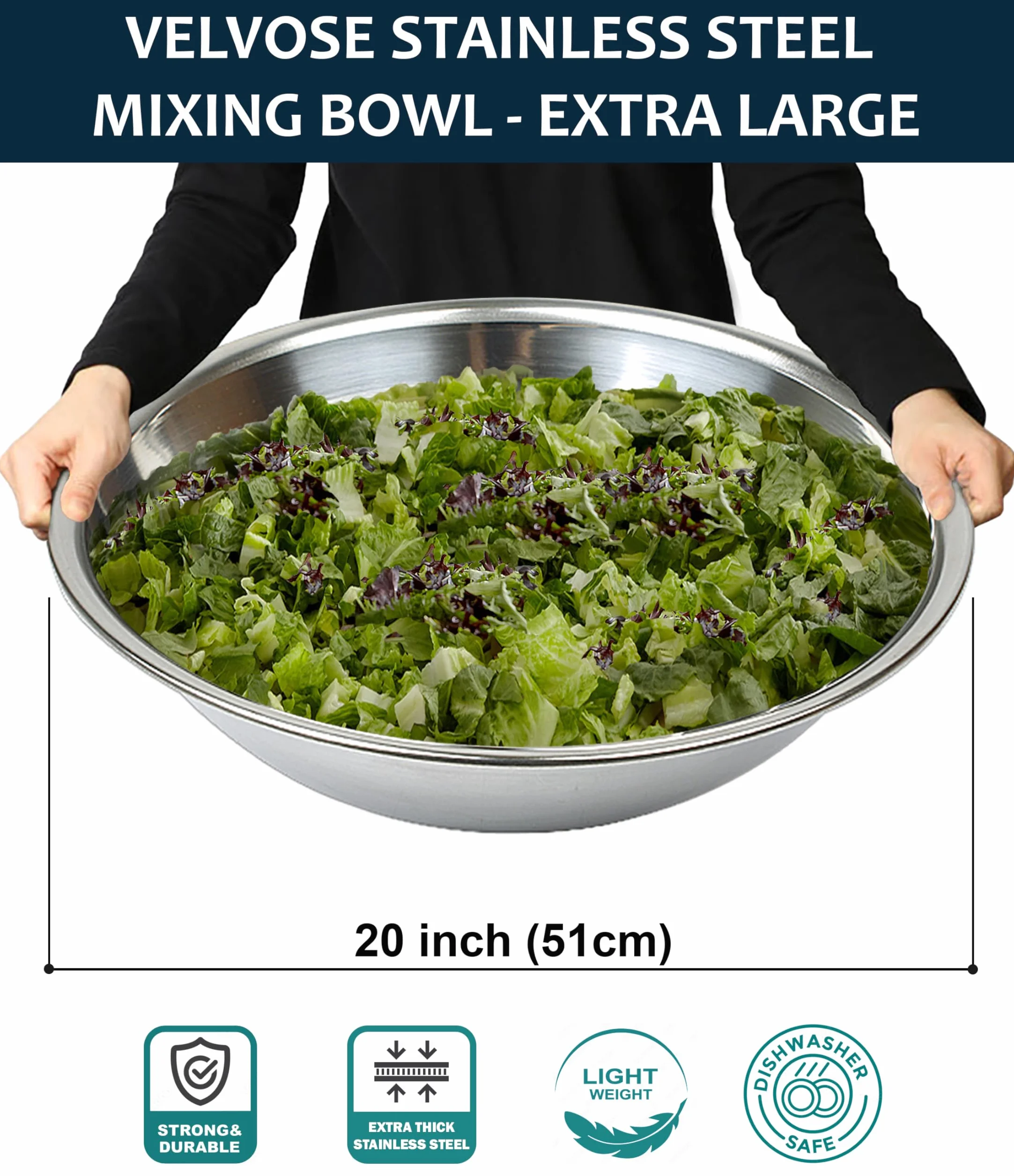 Ciotola in acciaio inox extra large 50,8 cm diametro 15,5 cm altezza 1 pezzo