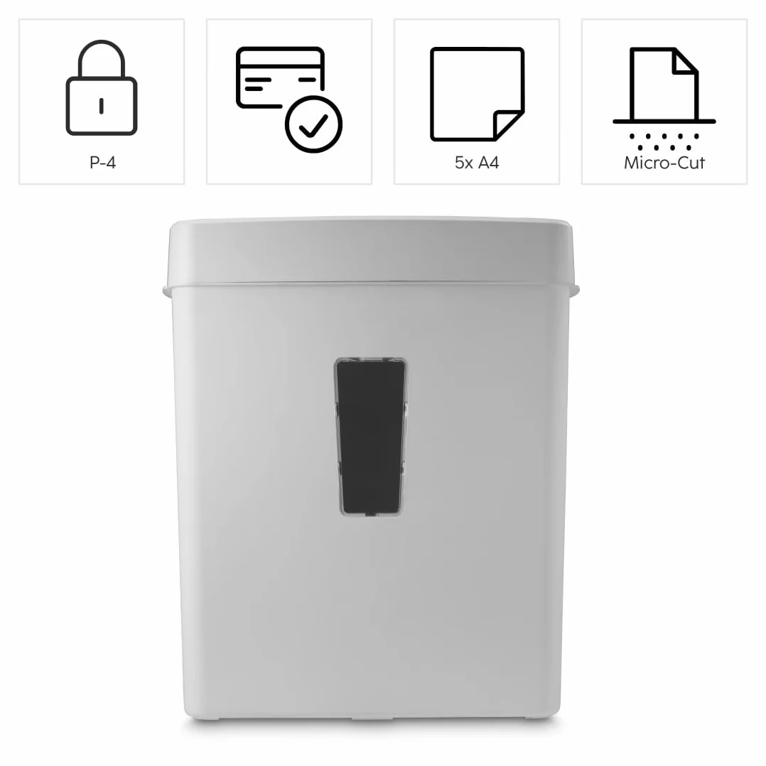 Hama Trituratore Carta Distruggidocumenti Carta DVD Graffette 5 Fogli A4 Lame Acciai Sicurezza Automatica/Off Funzione Ritorno Cestino 13L Sicurezza P5 T2 E2 O1 Bianco