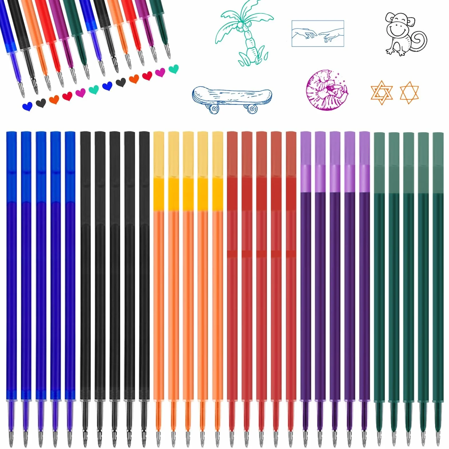 Ricariche Cancellabili Compatibili con Legami, Punta 0,7mm, 30 Pezzi, Blu Nero Rosso Verde Viola Arancione