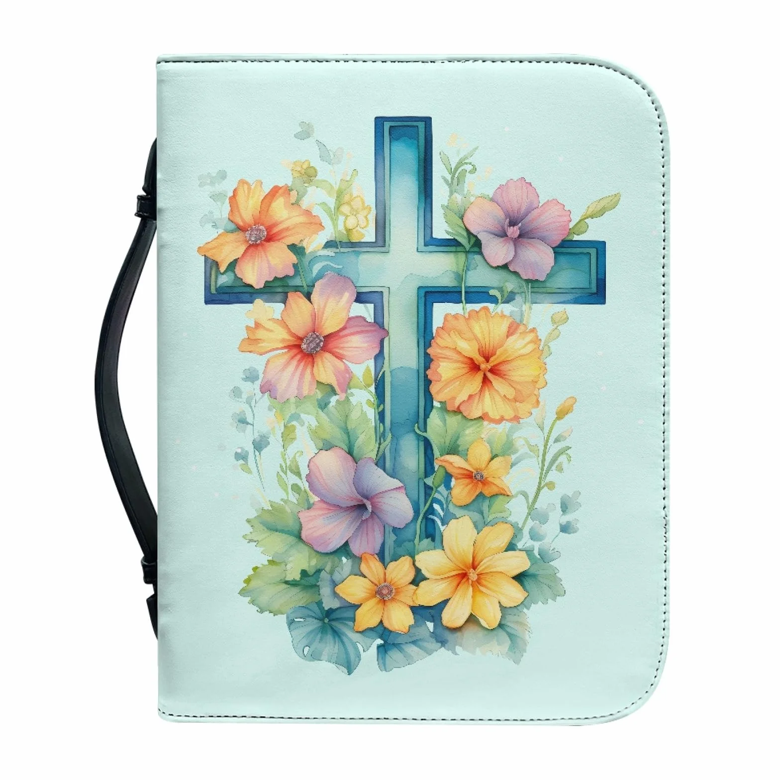 Personalizzata Custodia Bibbia in Pelle con Cerniera Grande Borsa Biblica Donna Uomo Fiore Crocifisso Azzurro L