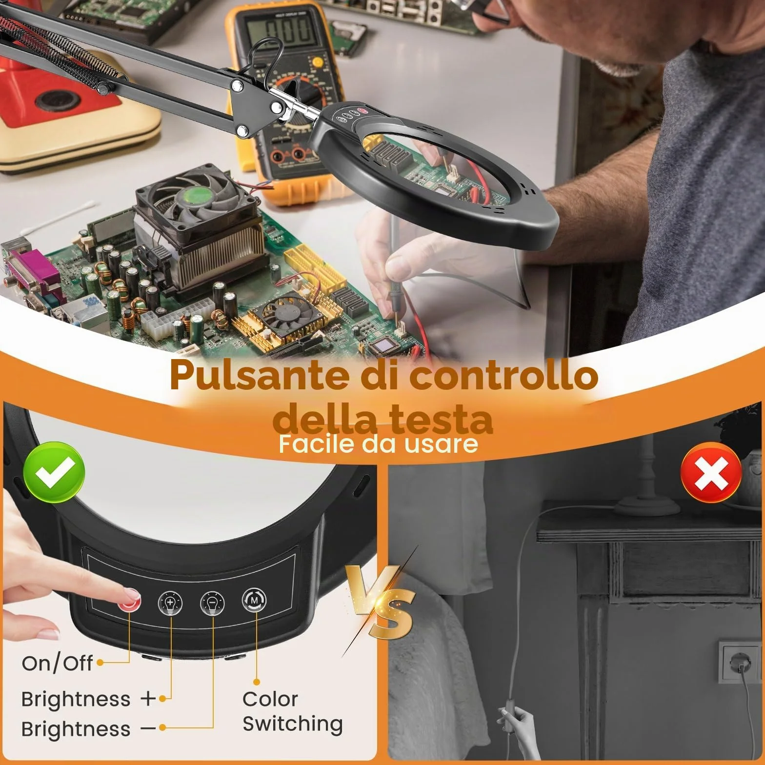 Lente d'ingrandimento con ingrandimento 15x, 5 temperature di colore e 10 livelli di luminosità, lente d'ingrandimento multifunzionale con bracci flessibili e testa Magnifying Glass