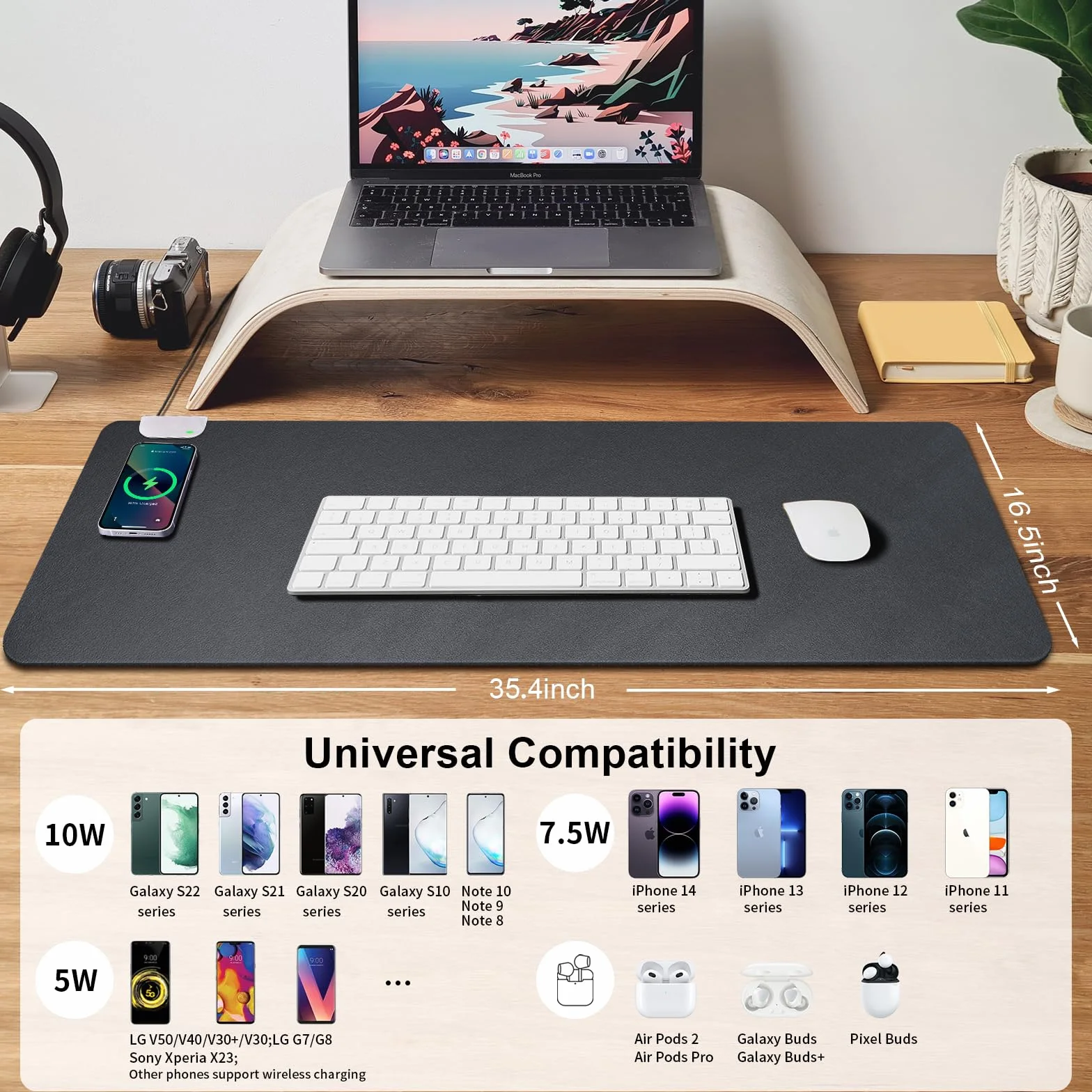 GORESE Sottomano Scrivania Ufficio in Pelle PU, Tappetino mouse con Ricarica Wireless 10W, Supporta Qi, Impermeabile, Nero 90x42CM