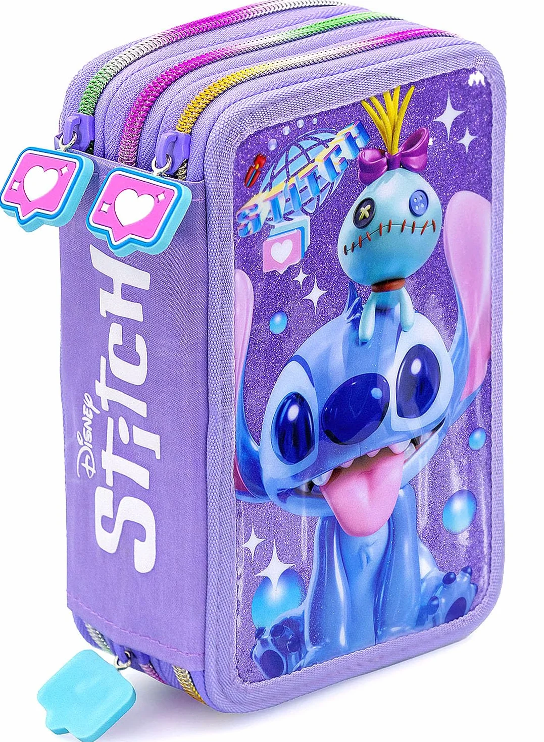 Clondo Astuccio Scuola 3 Scomparti Completo Stitch Fan 46 Accessori Kit Cancelleria Penne Gel Cancellabili Pennarelli Pastelli Colla Evidenziatore