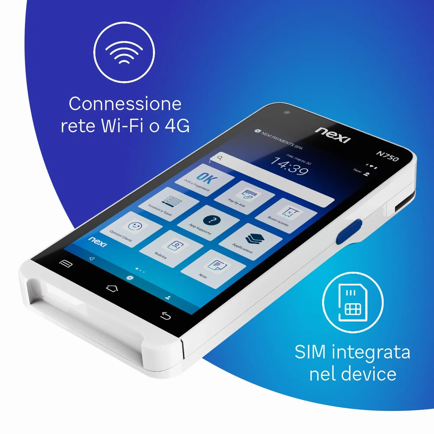 Nexi SmartPOS Mini con Cassa Fiscale integrata, Canone Zero, Pos Portatile Contactless e Lettore Elettronico per Pagamenti con Bancomat, Carta di Credito, Prepagata, Apple Pay e Google Pay