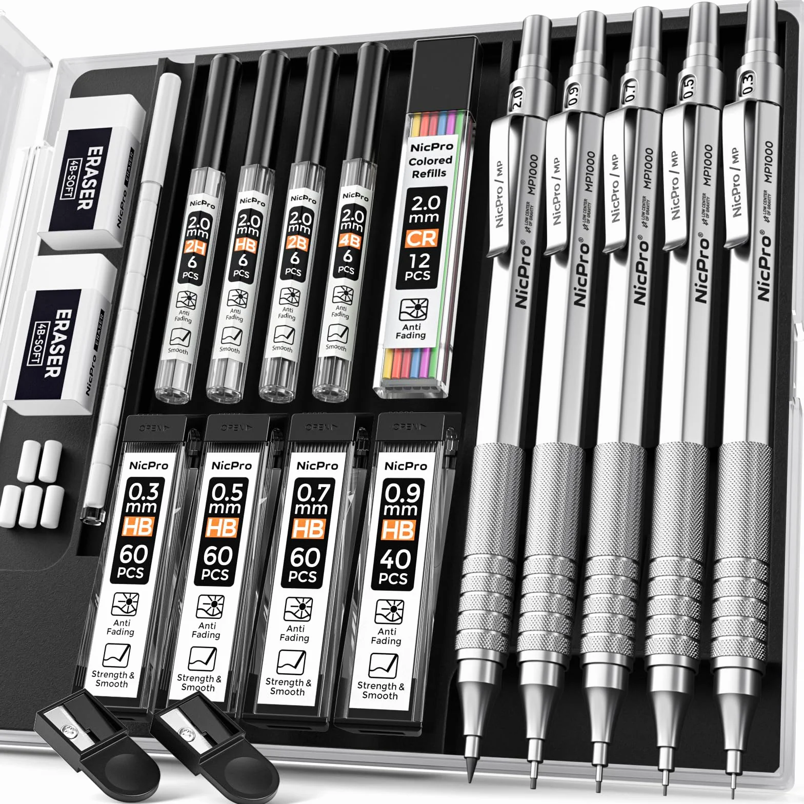 Nicpro 5 Pezzi Matita Meccaniche Set, Art Portamine 0.3-2mm con Ricariche, Temperamatita, Gomma per Disegno Artistico