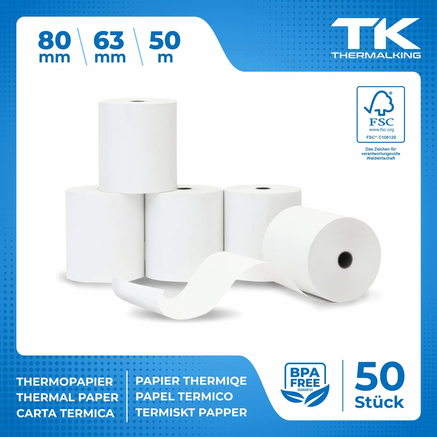 THERMALKING - Rotoli Cassa 80x63 Termica Fiscale [senza BPA] - Rotolo per stampante registratore di cassa fiscale 80mm x 50m x 12mm - Rotolini carta termica 80x63x12 - [50x]