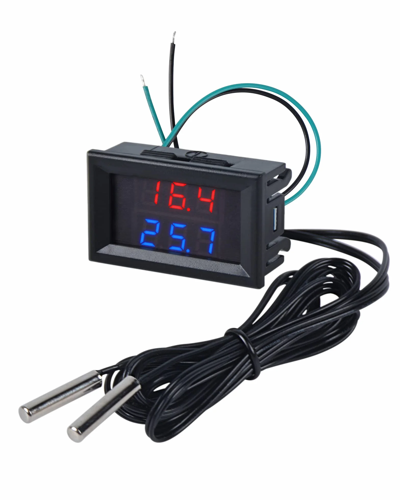 Termometro Digitale con 2 Sonde Impermeabili Doppio Display LED DC 4-28V -55～120℃ Rosso&Blu