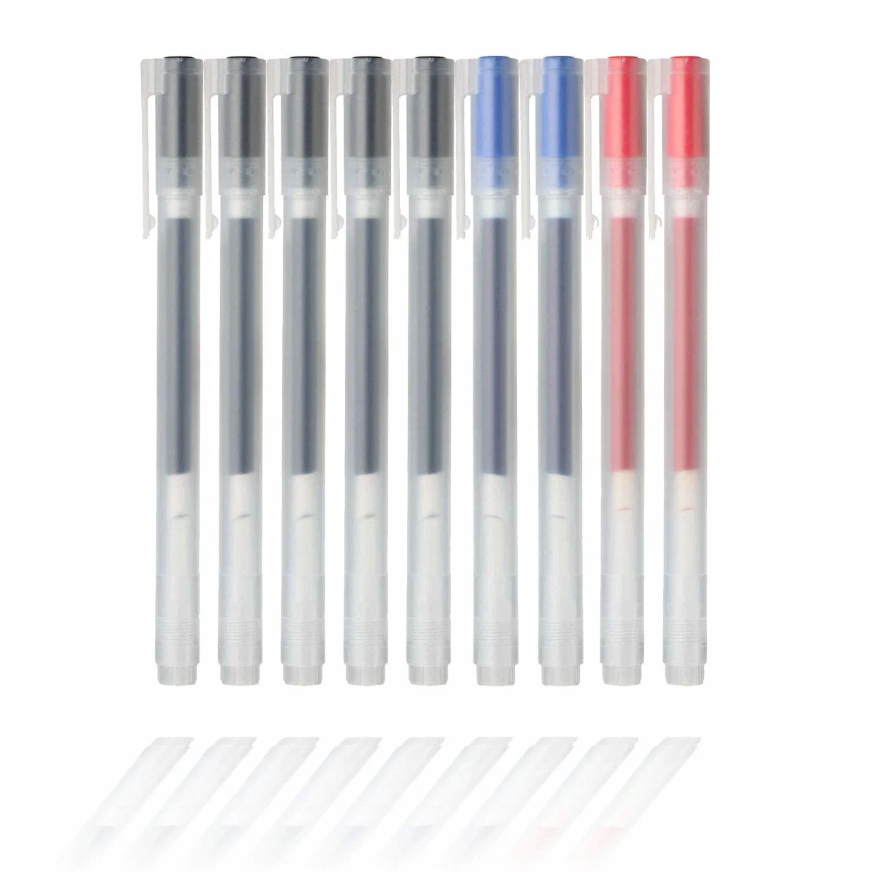 Muji, confezione da 9 penne a sfera a inchiostro gel, 0,38 mm, contenente 5 penne nere, 2 blu, 2 rosse
